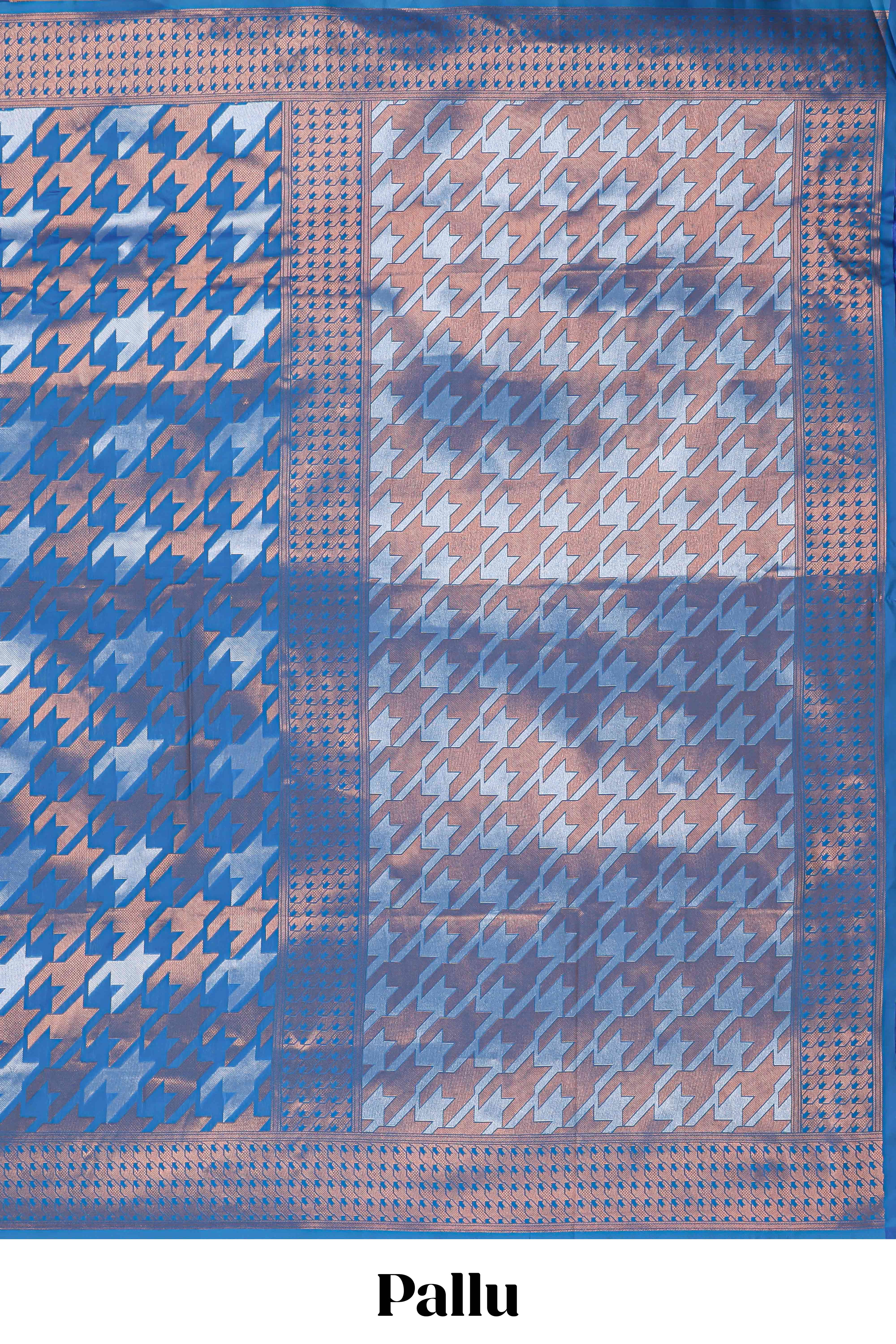 Blue Katan SilkSaree with Rich Zari Woven Geometric border and Pallu along with Matching Blouse