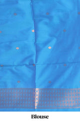 Blue Katan SilkSaree with Rich Zari Woven Geometric border and Pallu along with Matching Blouse