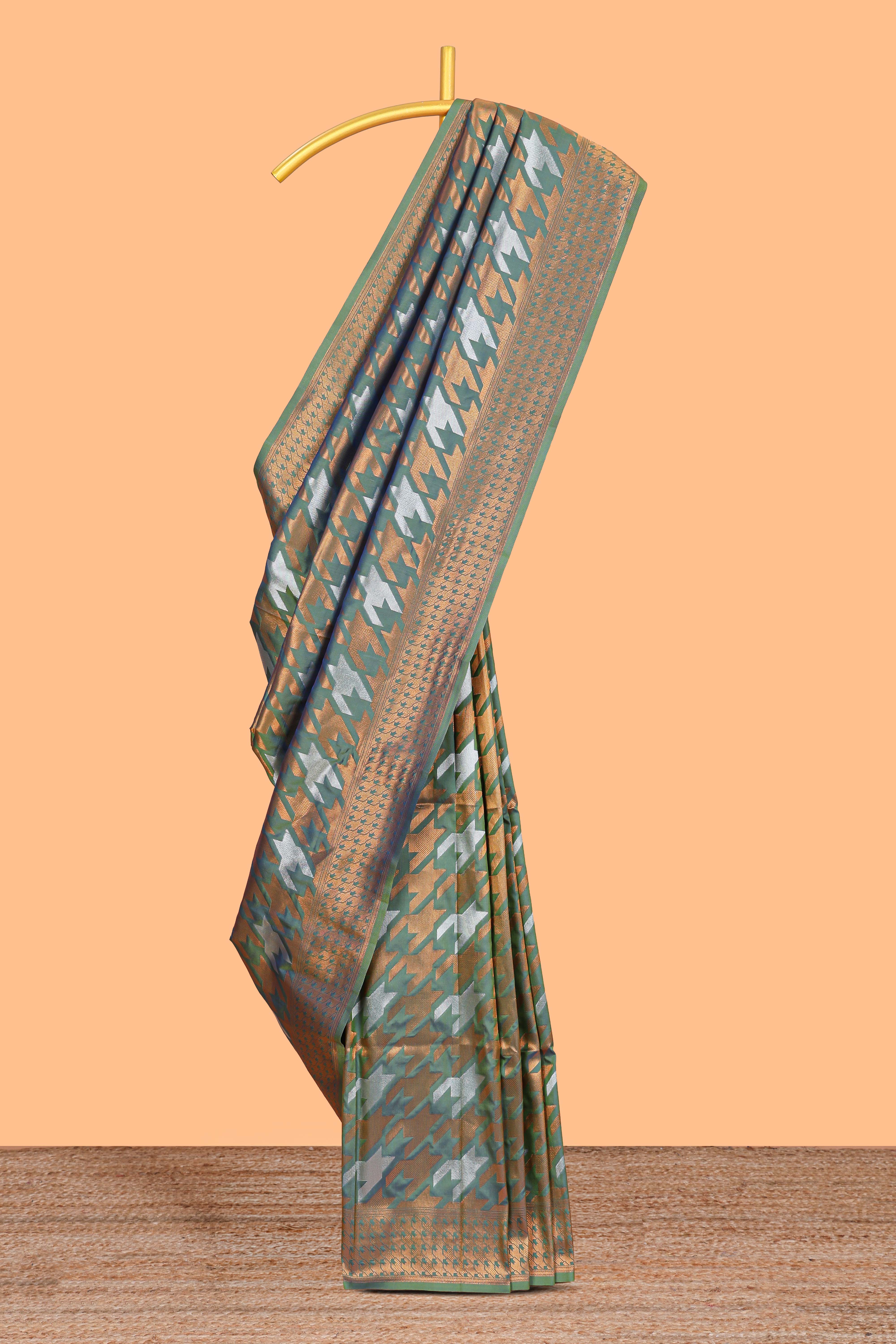 Green Katan SilkSaree with Rich Zari Woven Geometric border and Pallu along with Matching Blouse