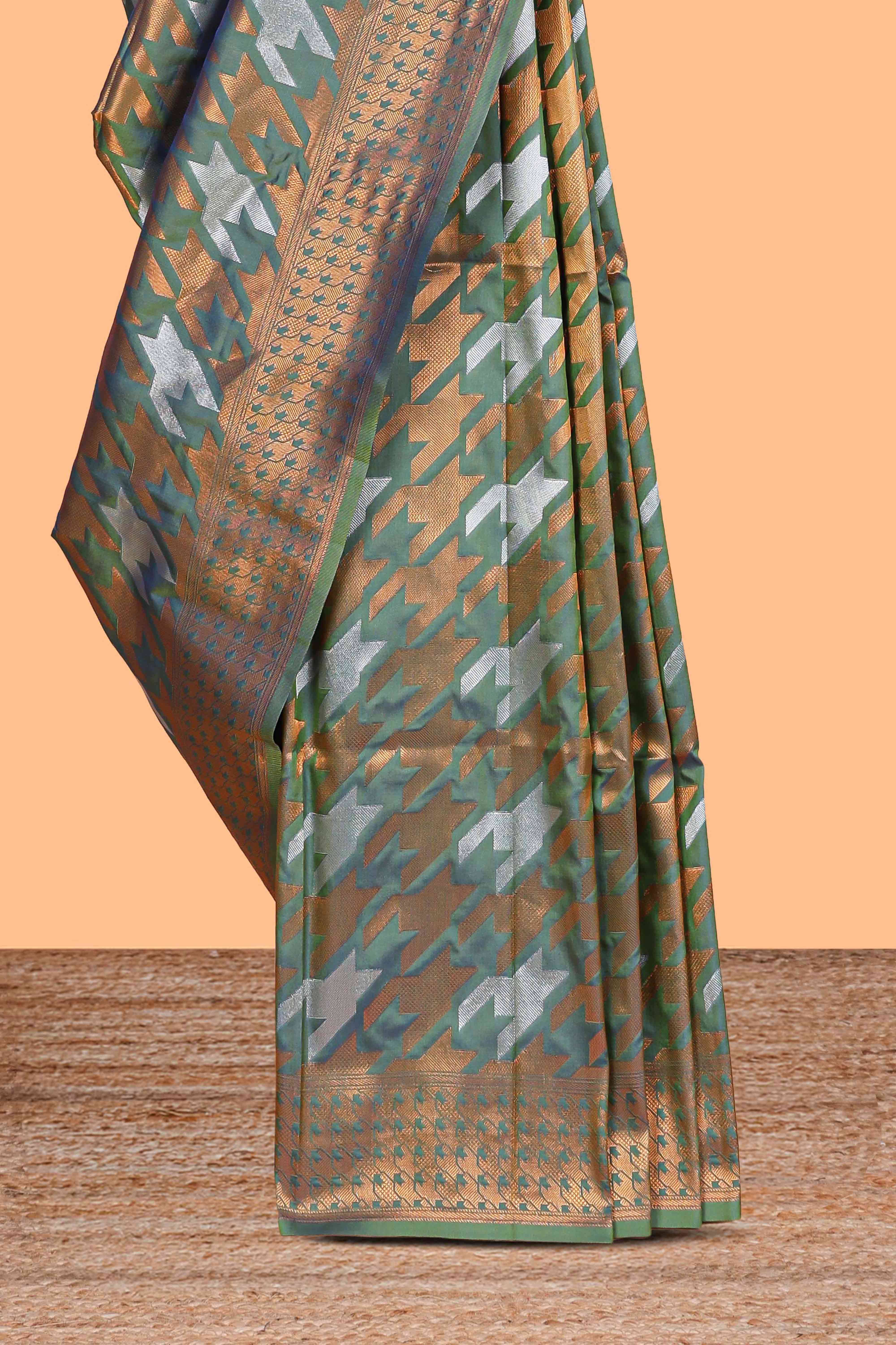 Green Katan SilkSaree with Rich Zari Woven Geometric border and Pallu along with Matching Blouse