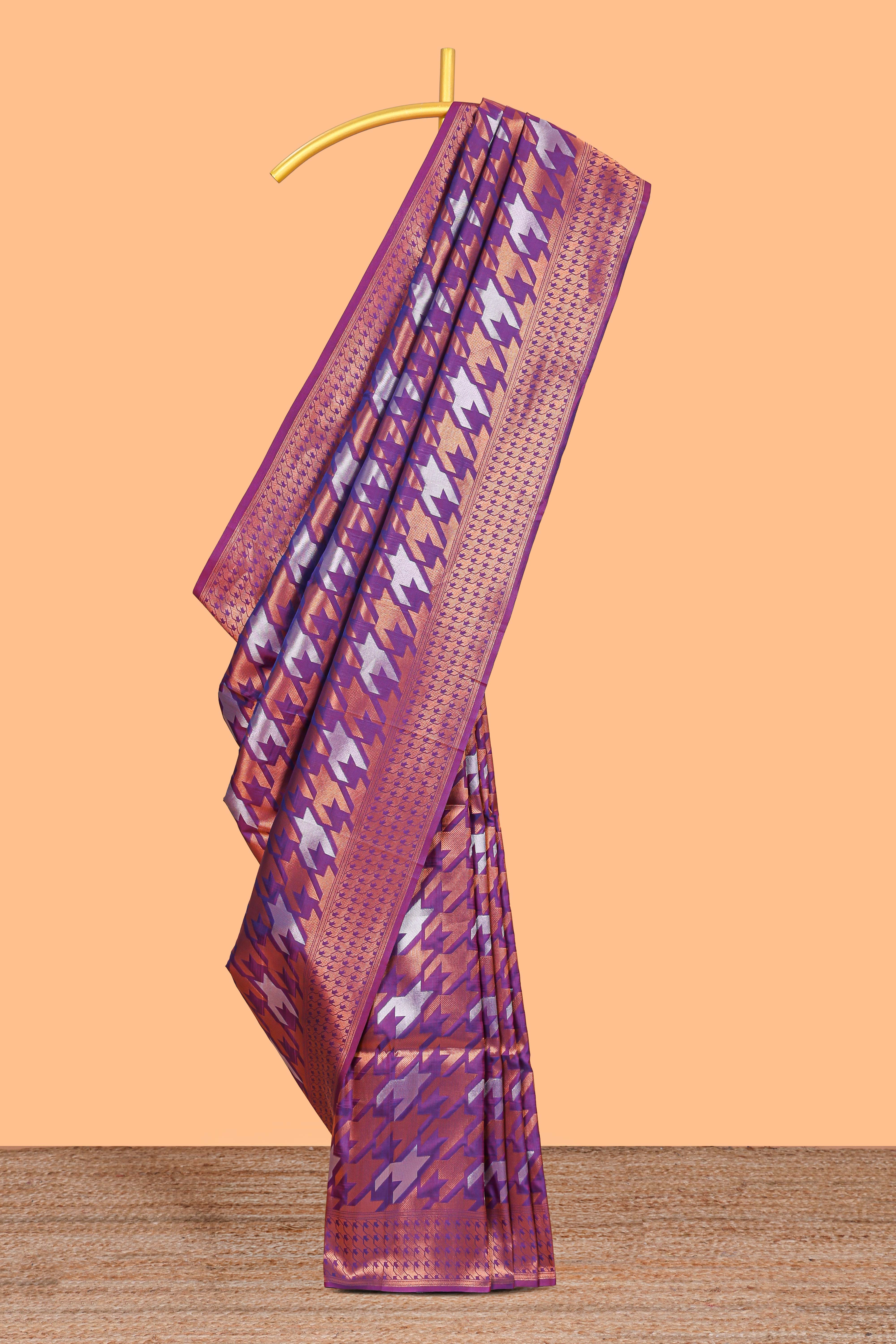 Violet Katan SilkSaree with Rich Zari Woven Geometric border and Pallu along with Matching Blouse