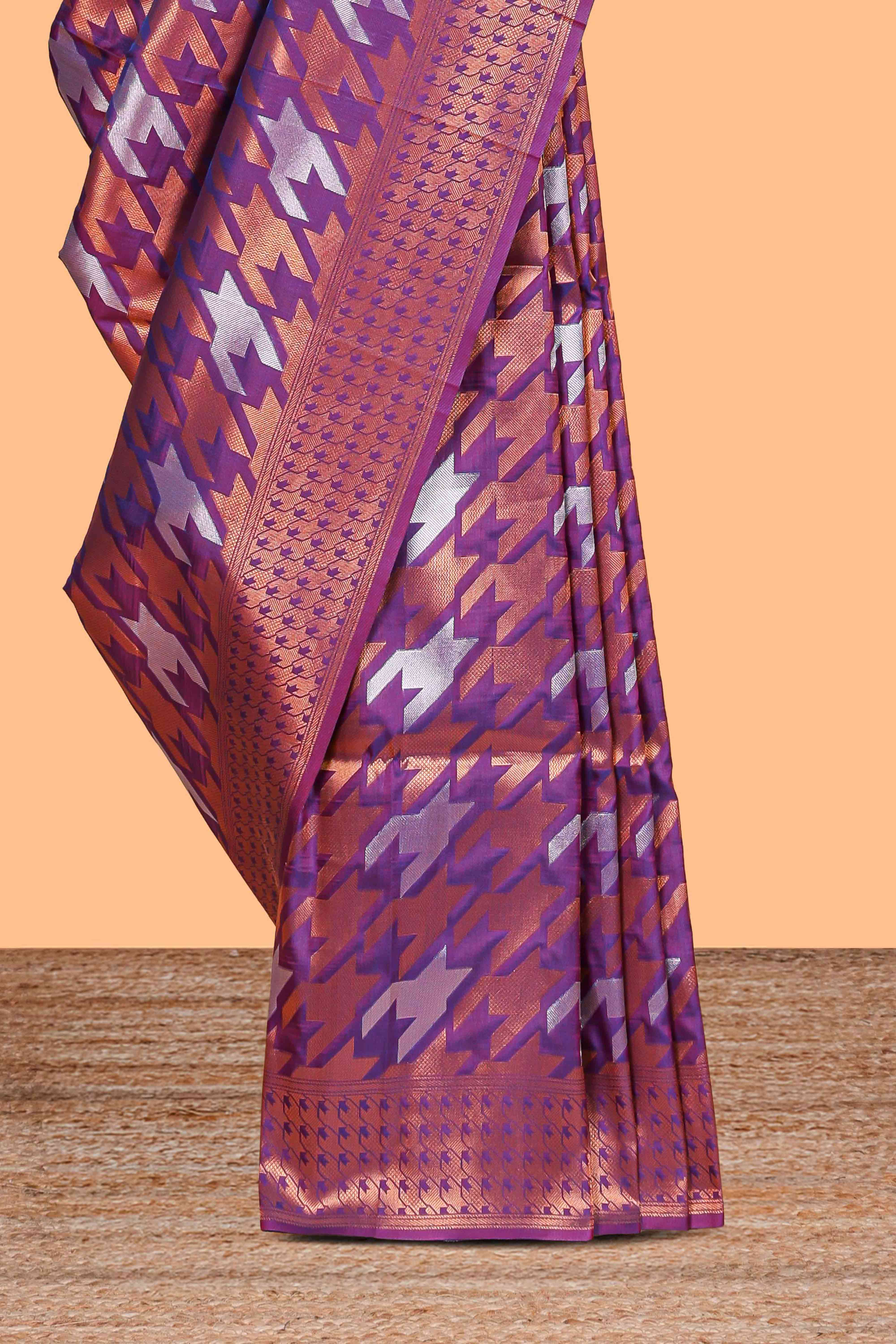 Violet Katan SilkSaree with Rich Zari Woven Geometric border and Pallu along with Matching Blouse