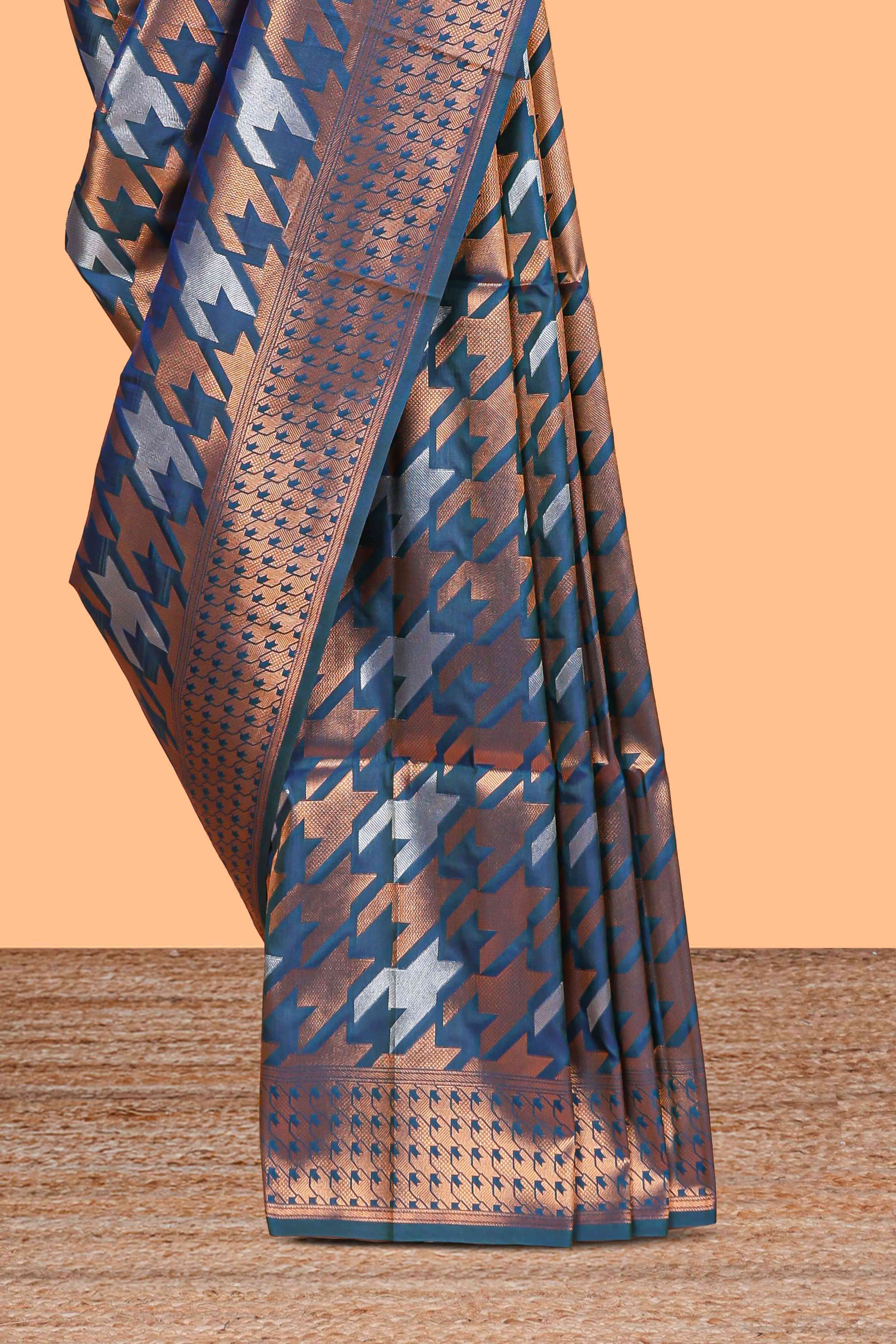 Ocean Blue Katan SilkSaree with Rich Zari Woven Geometric border and Pallu along with Matching Blouse