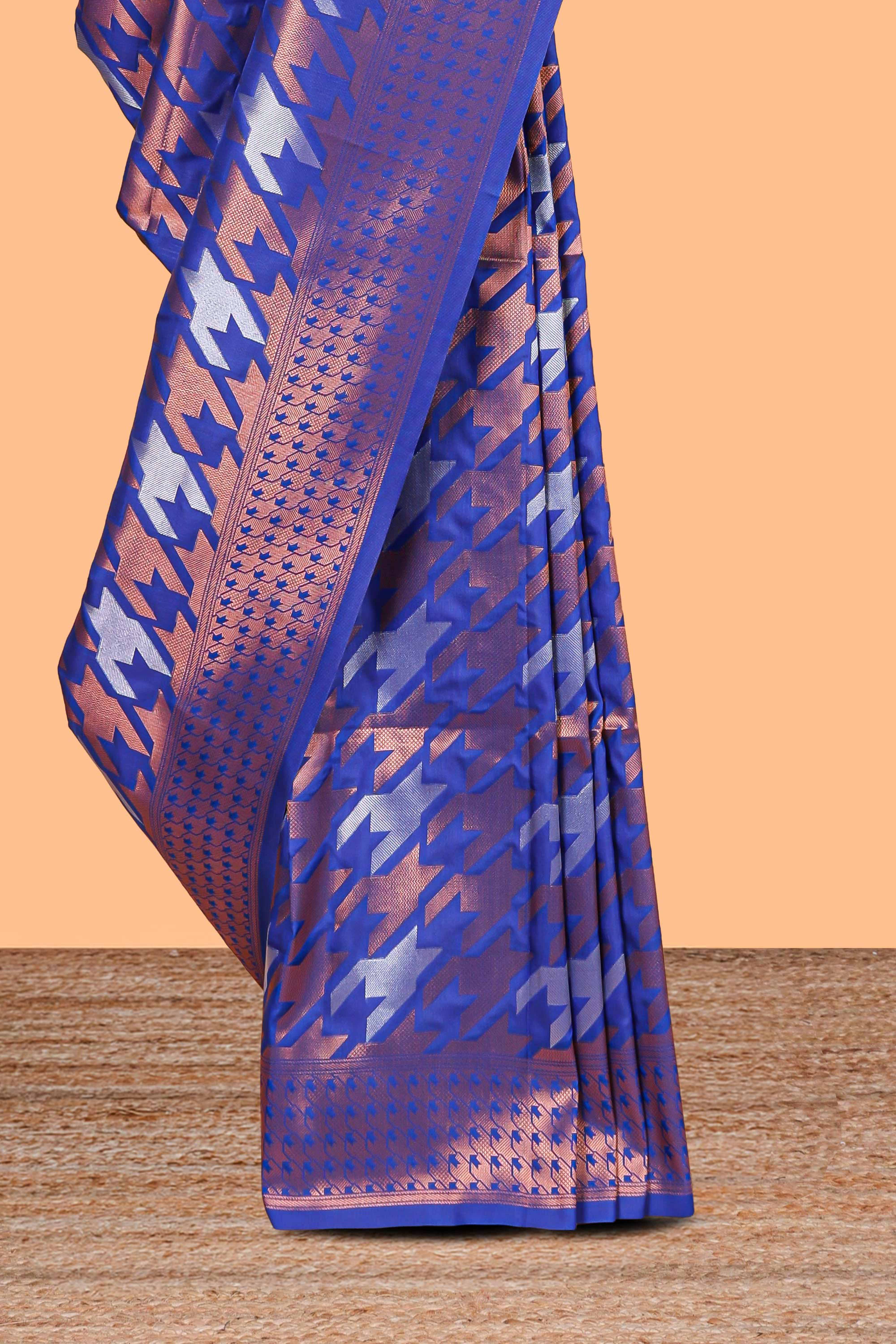Royal Blue Katan SilkSaree with Rich Zari Woven Geometric border and Pallu along with Matching Blouse