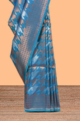 Blue Katan SilkSaree with Rich Zari Woven Geometric border and Pallu along with Matching Blouse