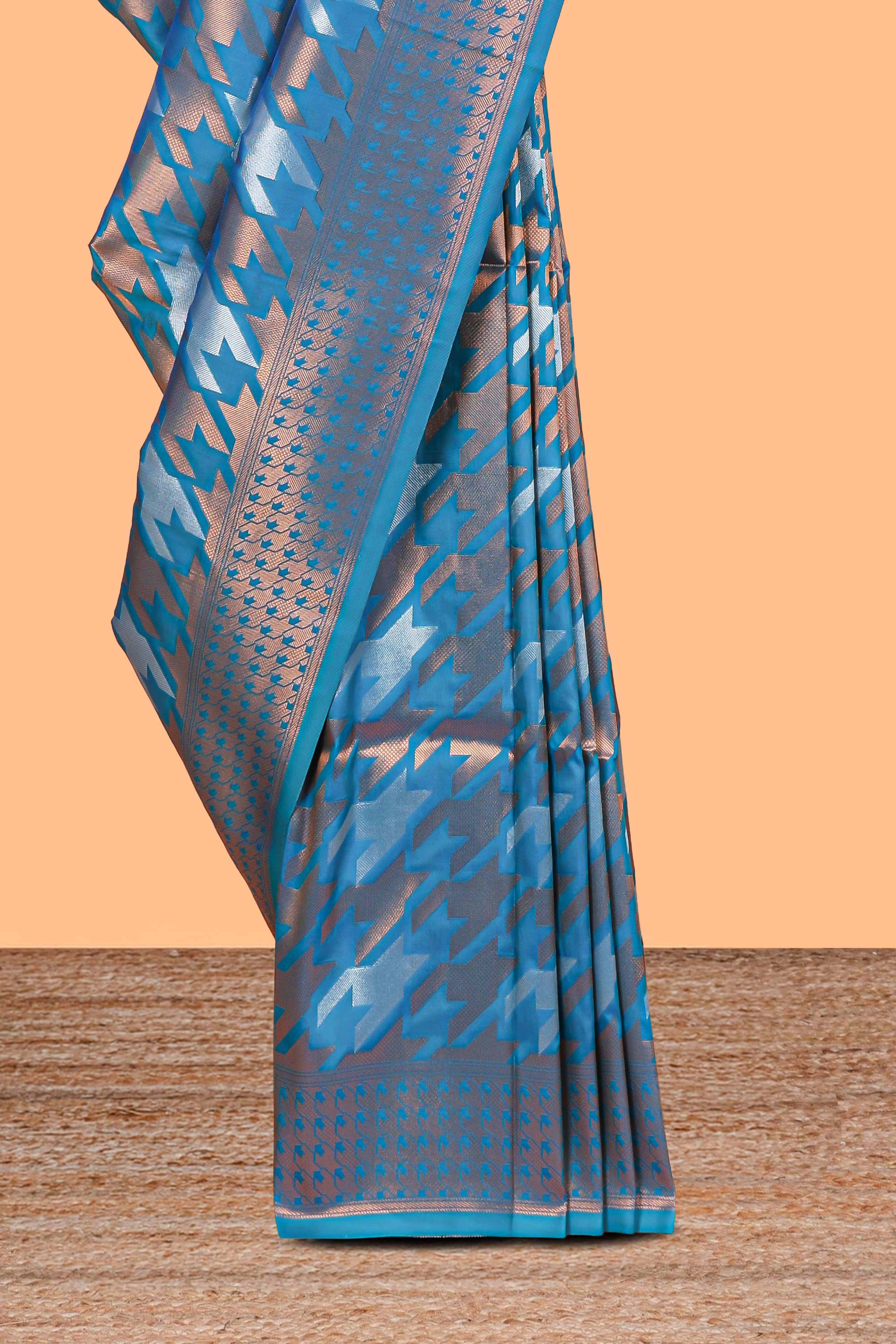 Blue Katan SilkSaree with Rich Zari Woven Geometric border and Pallu along with Matching Blouse