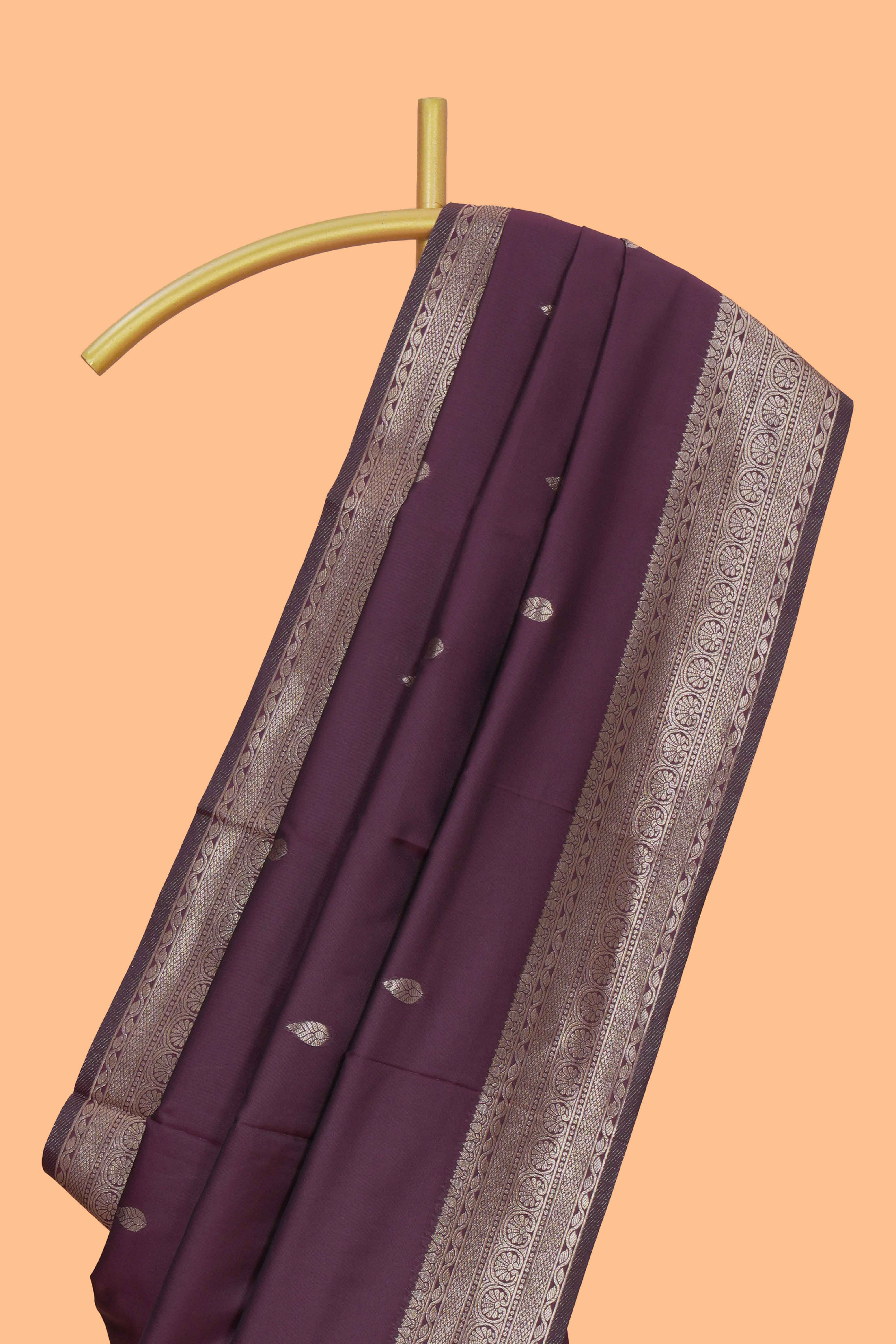 Deep purple leaf design zari motifs kathan silk saree with self zari border and motifs blouse
