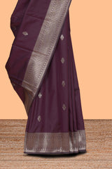Deep purple floral design zari motifs kathan silk saree with self zari border and motifs blouse