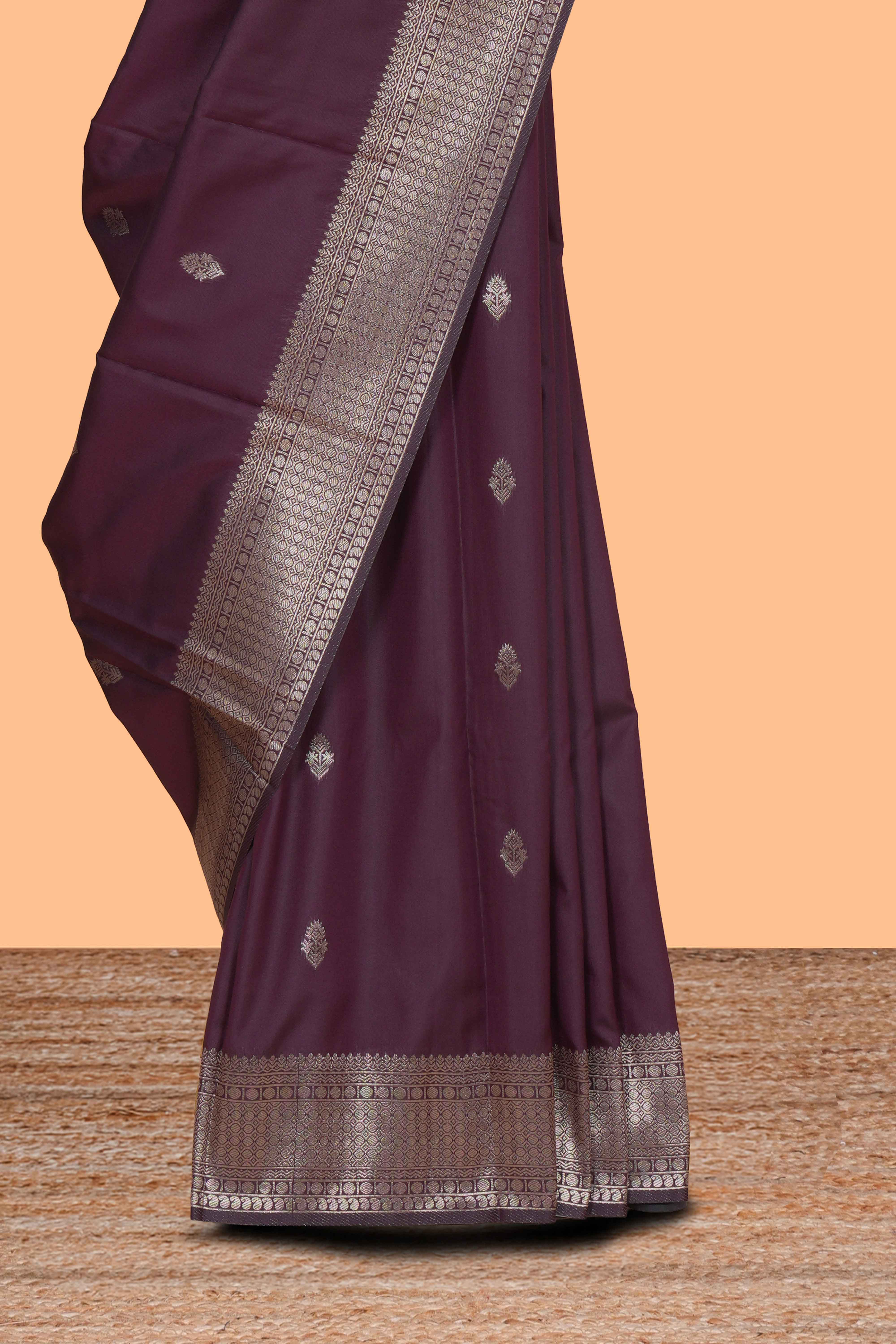 Deep purple floral design zari motifs kathan silk saree with self zari border and motifs blouse
