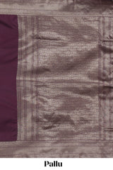 Deep purple plain kathan silk saree with self zari border and motifs blouse