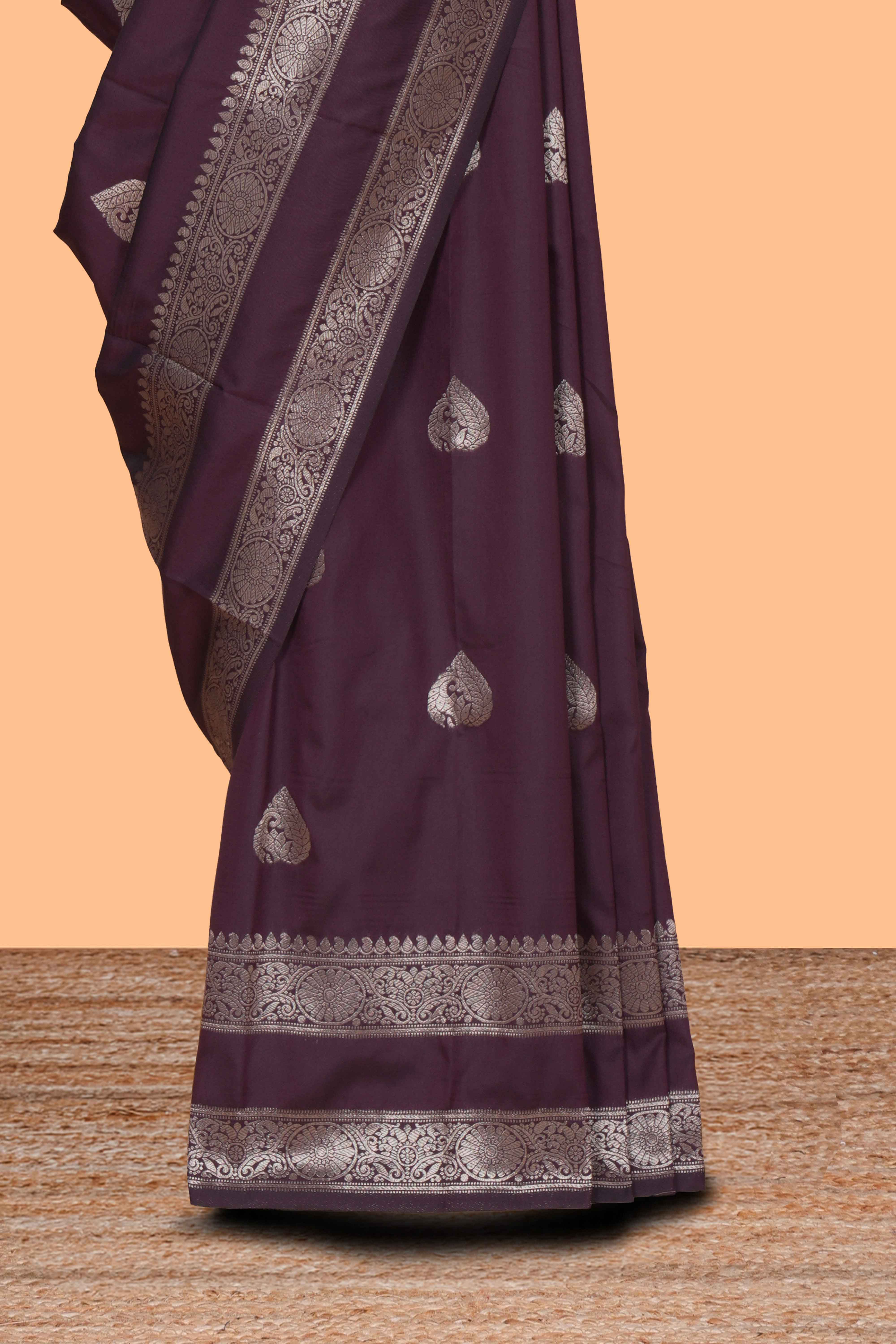 Deep purple zari butta kathan silk saree with self zari bentex border and motifs blouse