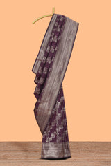Deep purple deer, elephant & tree zari design kathan silk saree with self zari border and motifs blouse