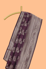 Deep purple deer, elephant & tree zari design kathan silk saree with self zari border and motifs blouse