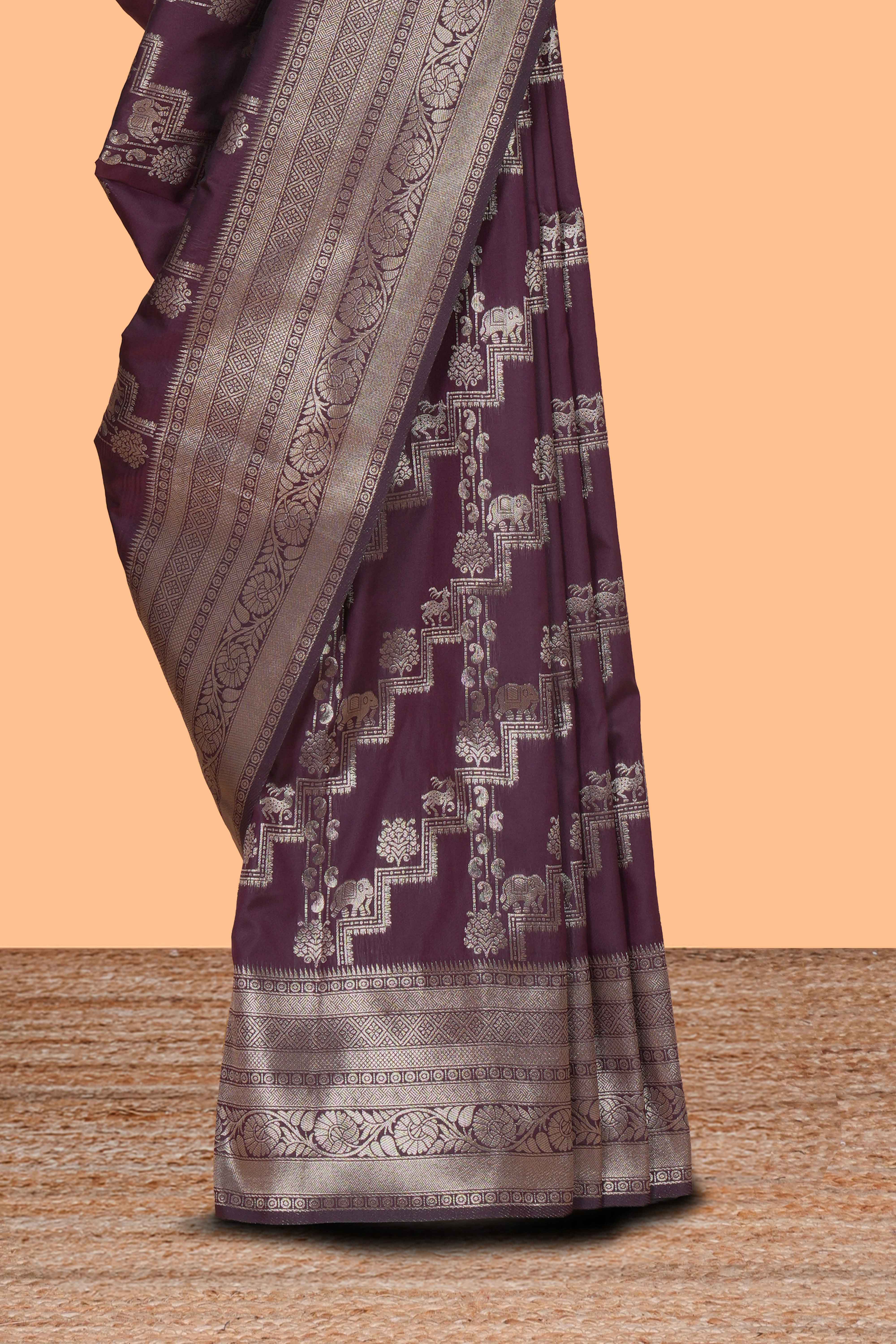 Deep purple deer, elephant & tree zari design kathan silk saree with self zari border and motifs blouse