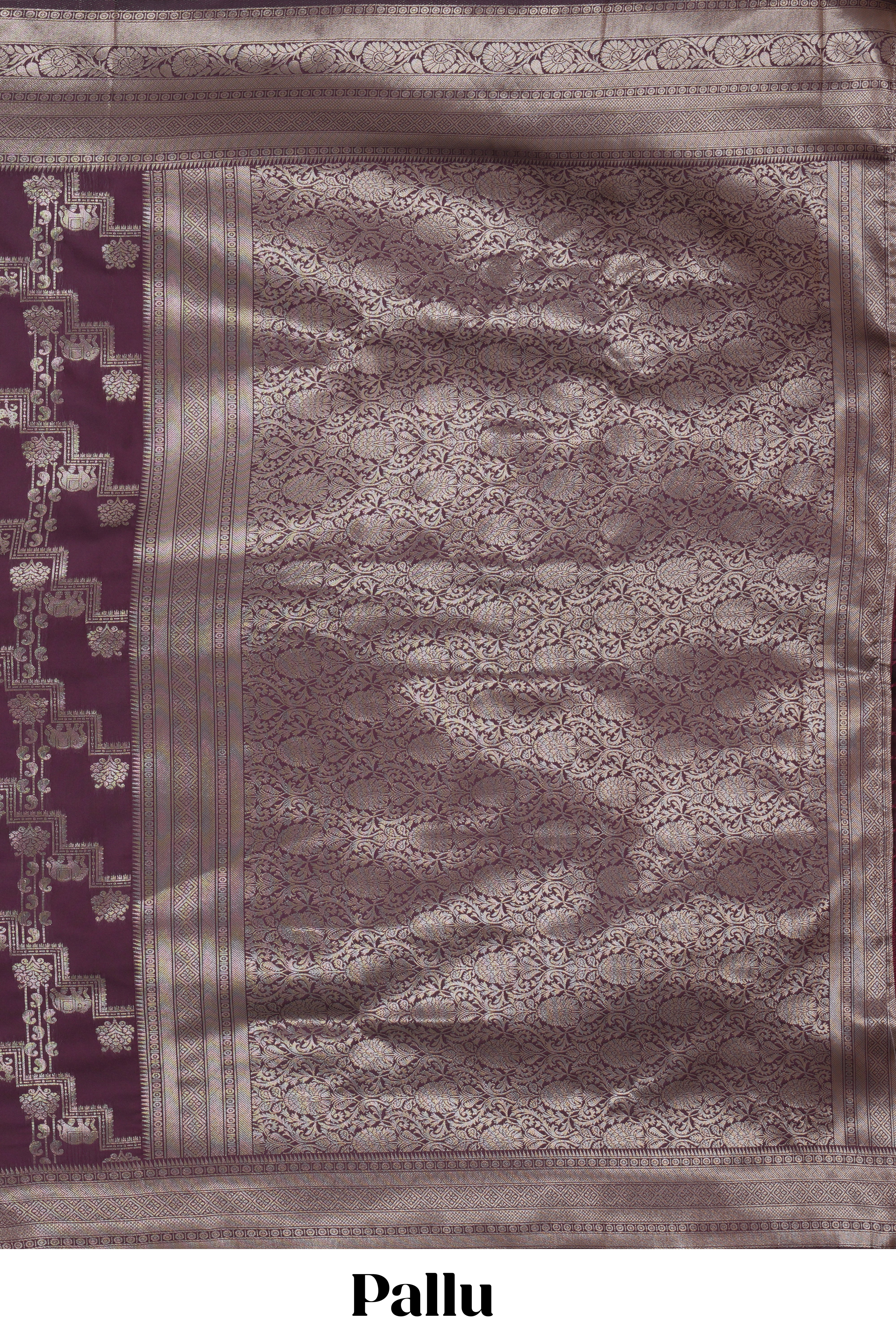 Deep purple deer, elephant & tree zari design kathan silk saree with self zari border and motifs blouse