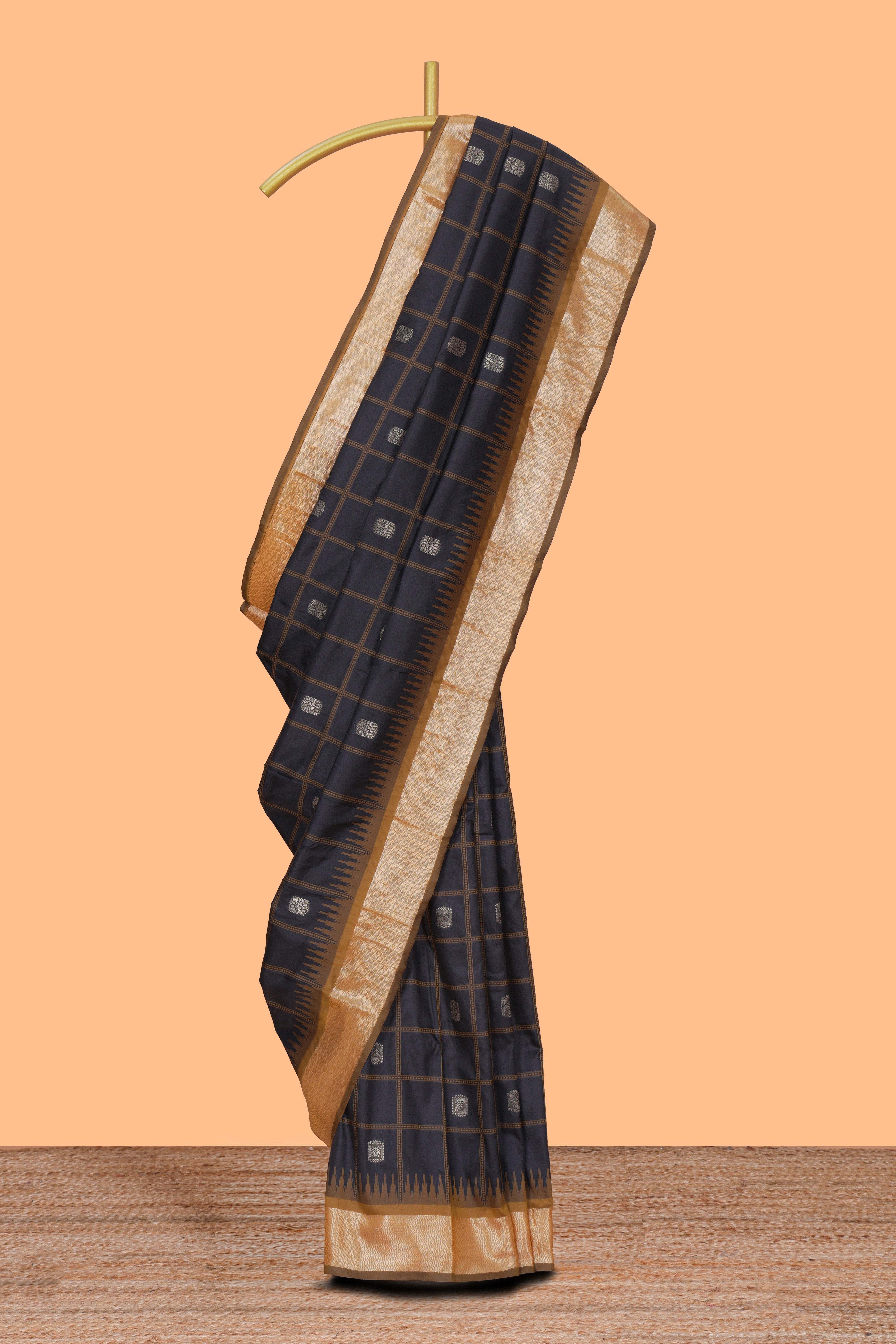 Black checked zari design kathan silk saree with contrast temple zari border and motifs blouse