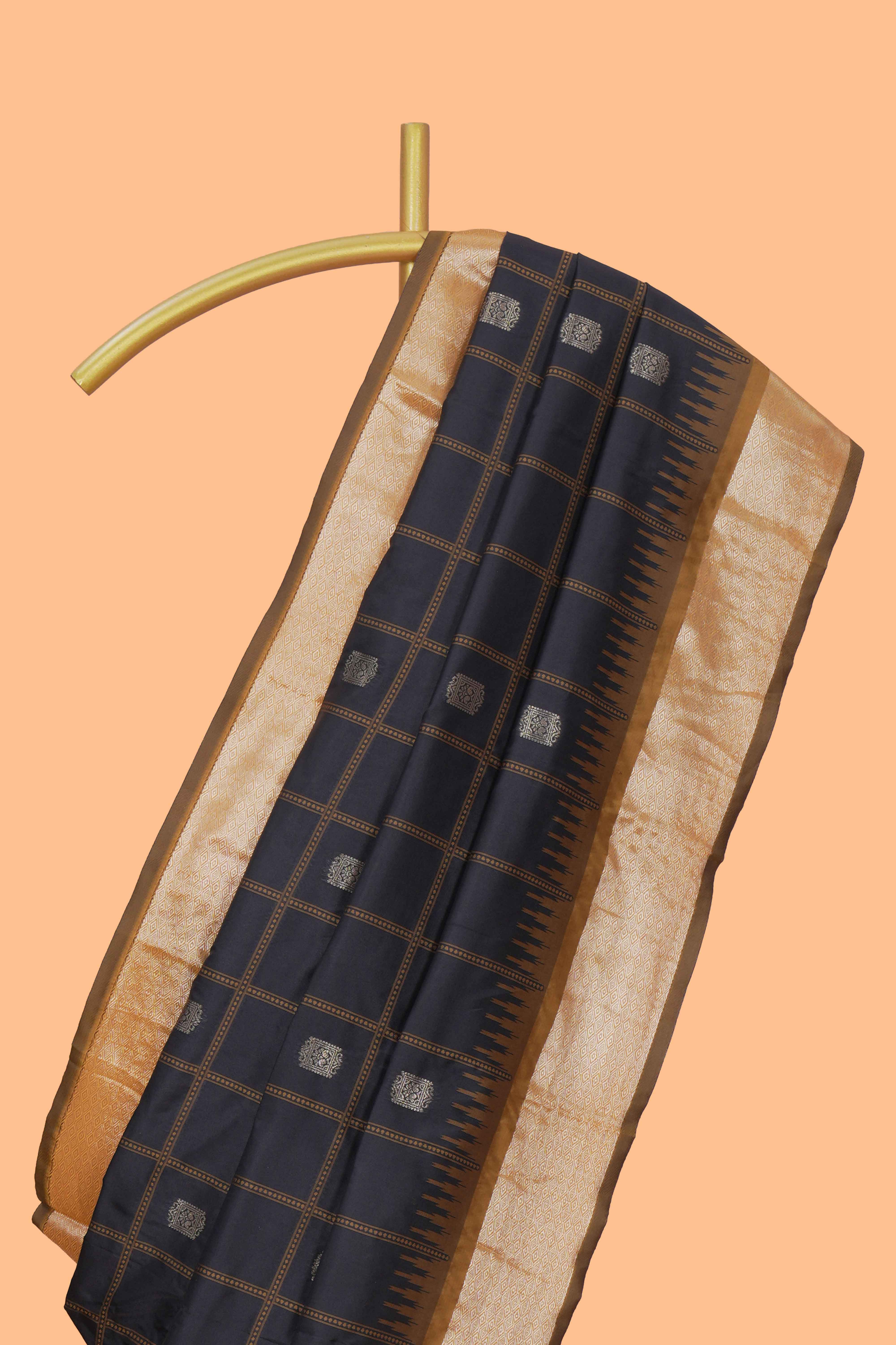 Black checked zari design kathan silk saree with contrast temple zari border and motifs blouse