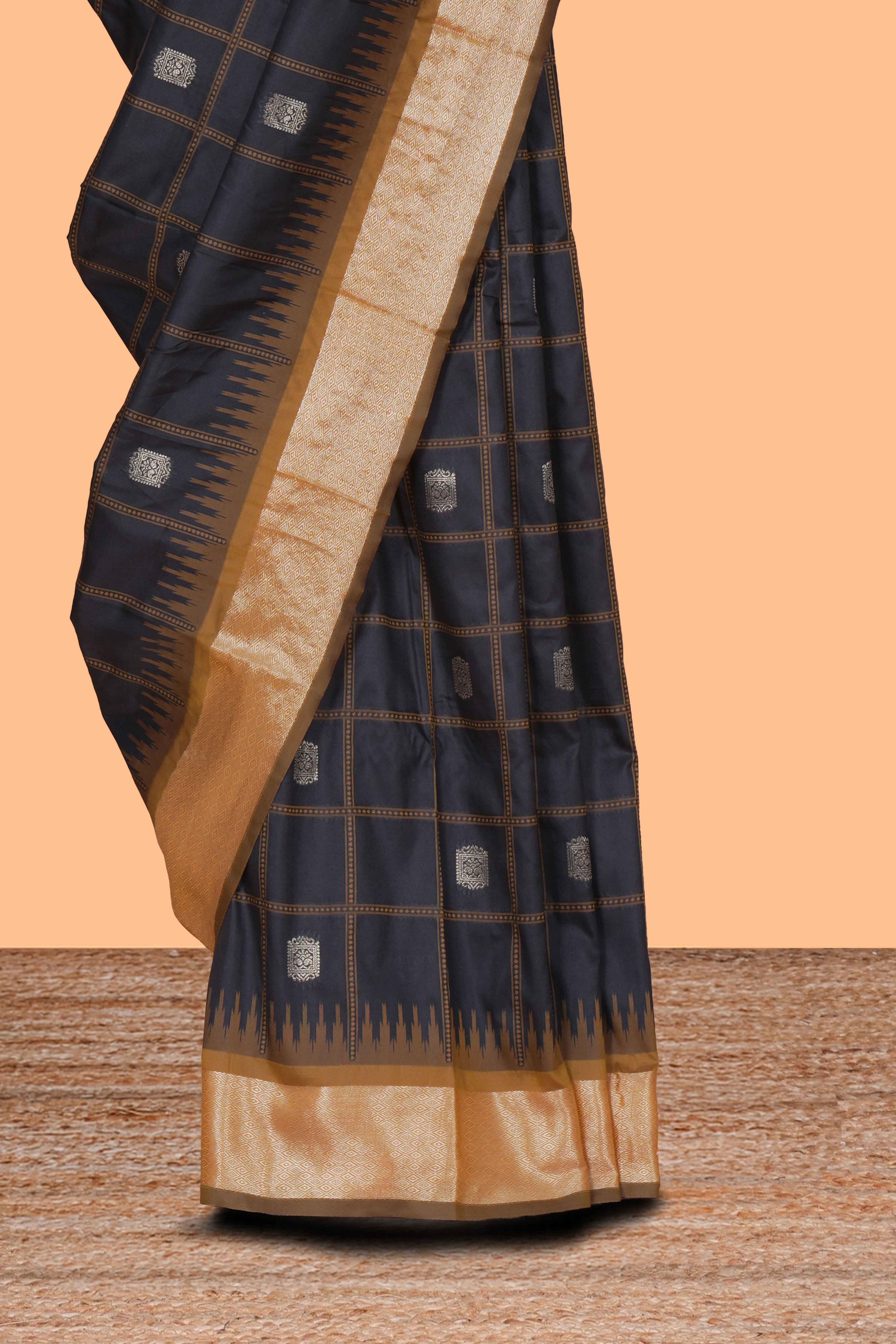 Black checked zari design kathan silk saree with contrast temple zari border and motifs blouse