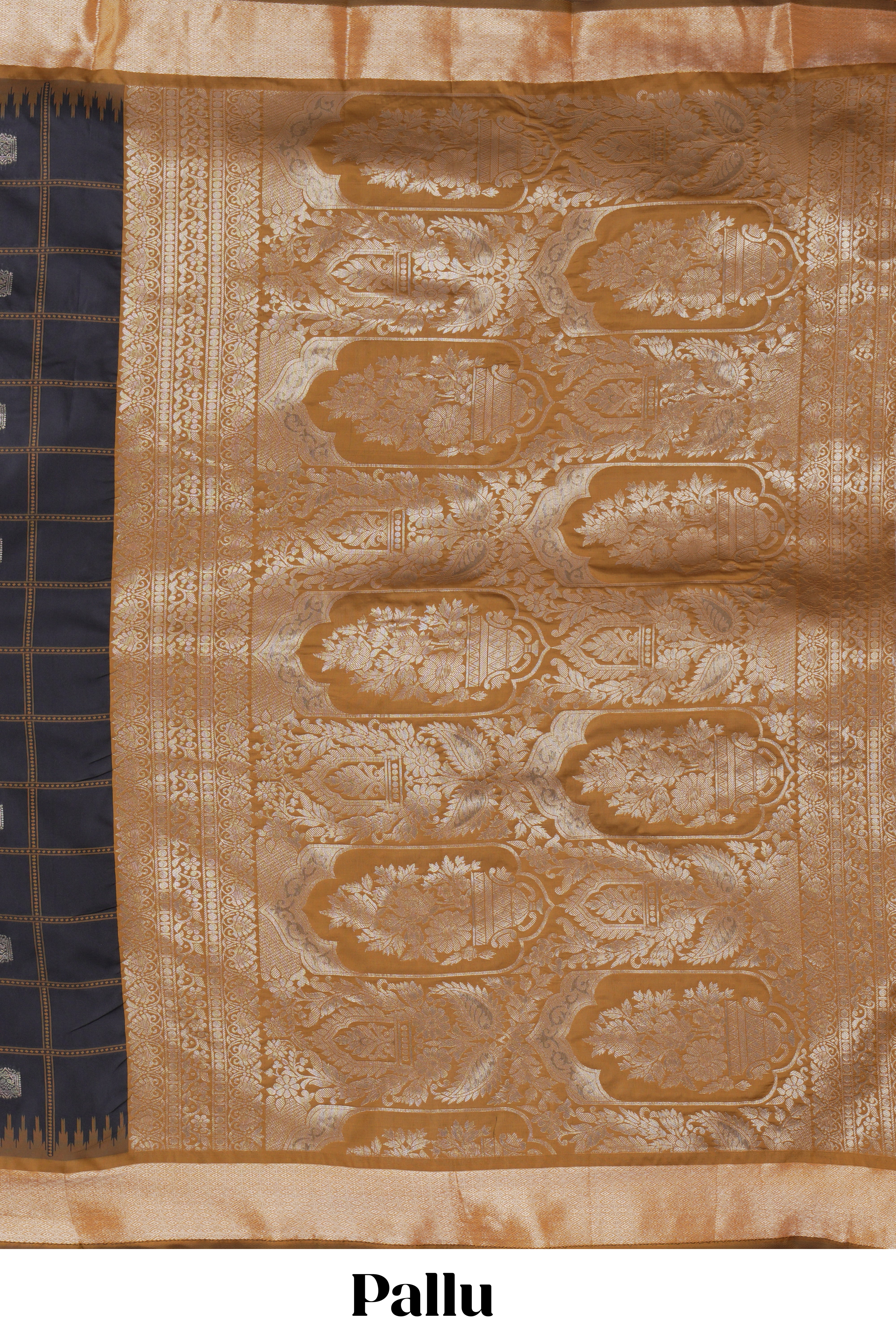 Black checked zari design kathan silk saree with contrast temple zari border and motifs blouse