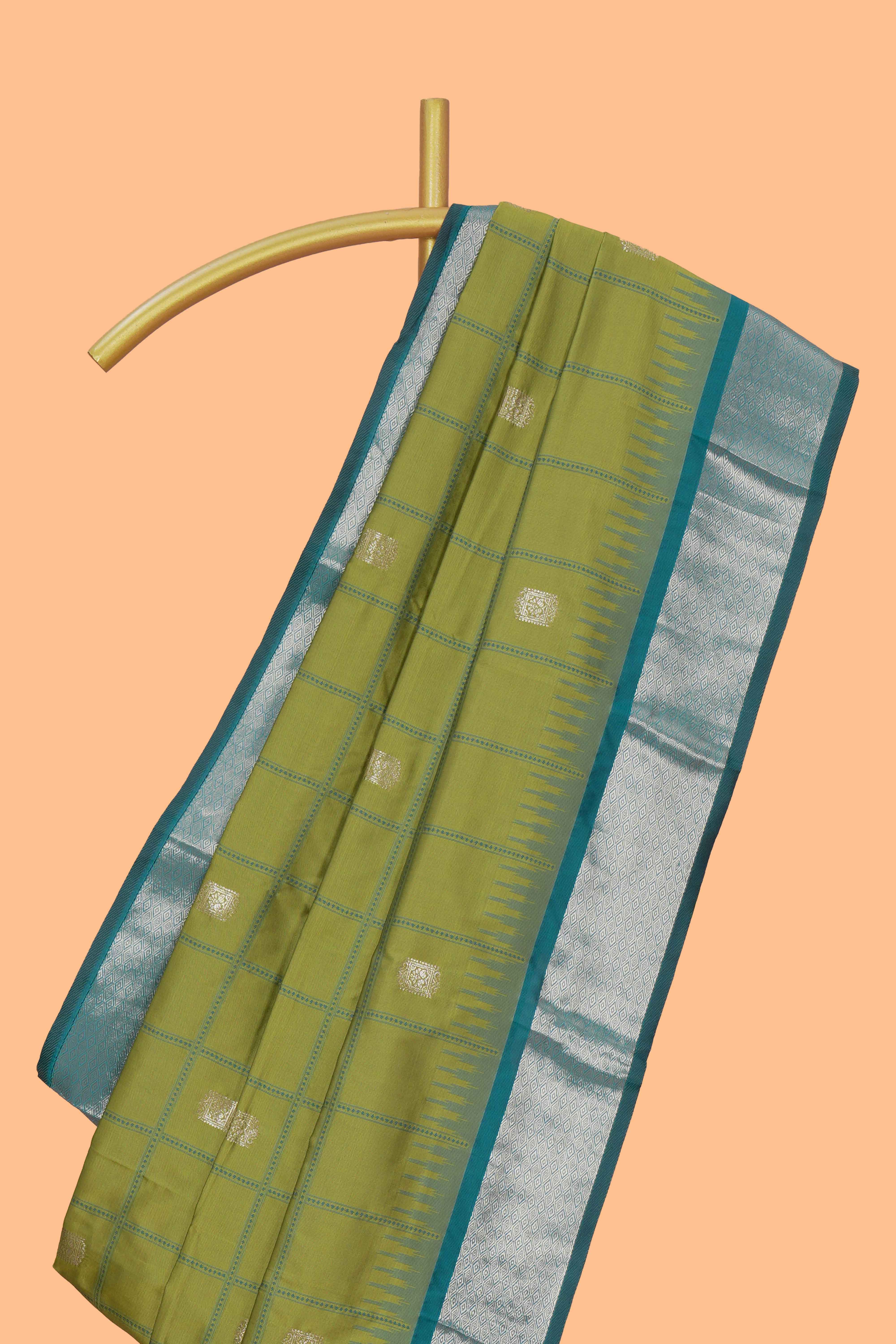 Green checked zari design kathan silk saree with contrast temple zari border and motifs blouse