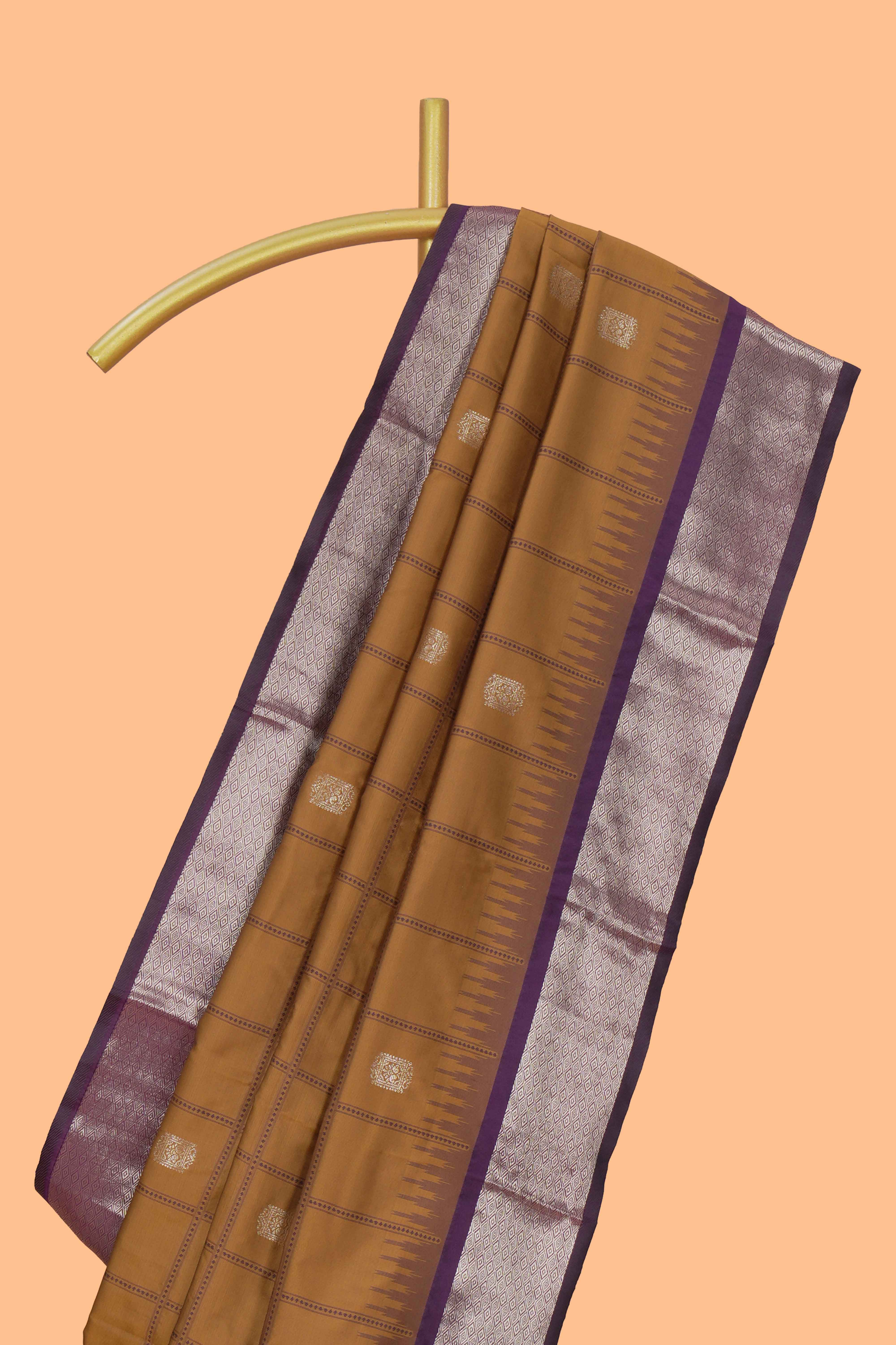Orange checked zari design kathan silk saree with contrast temple zari border and motifs blouse