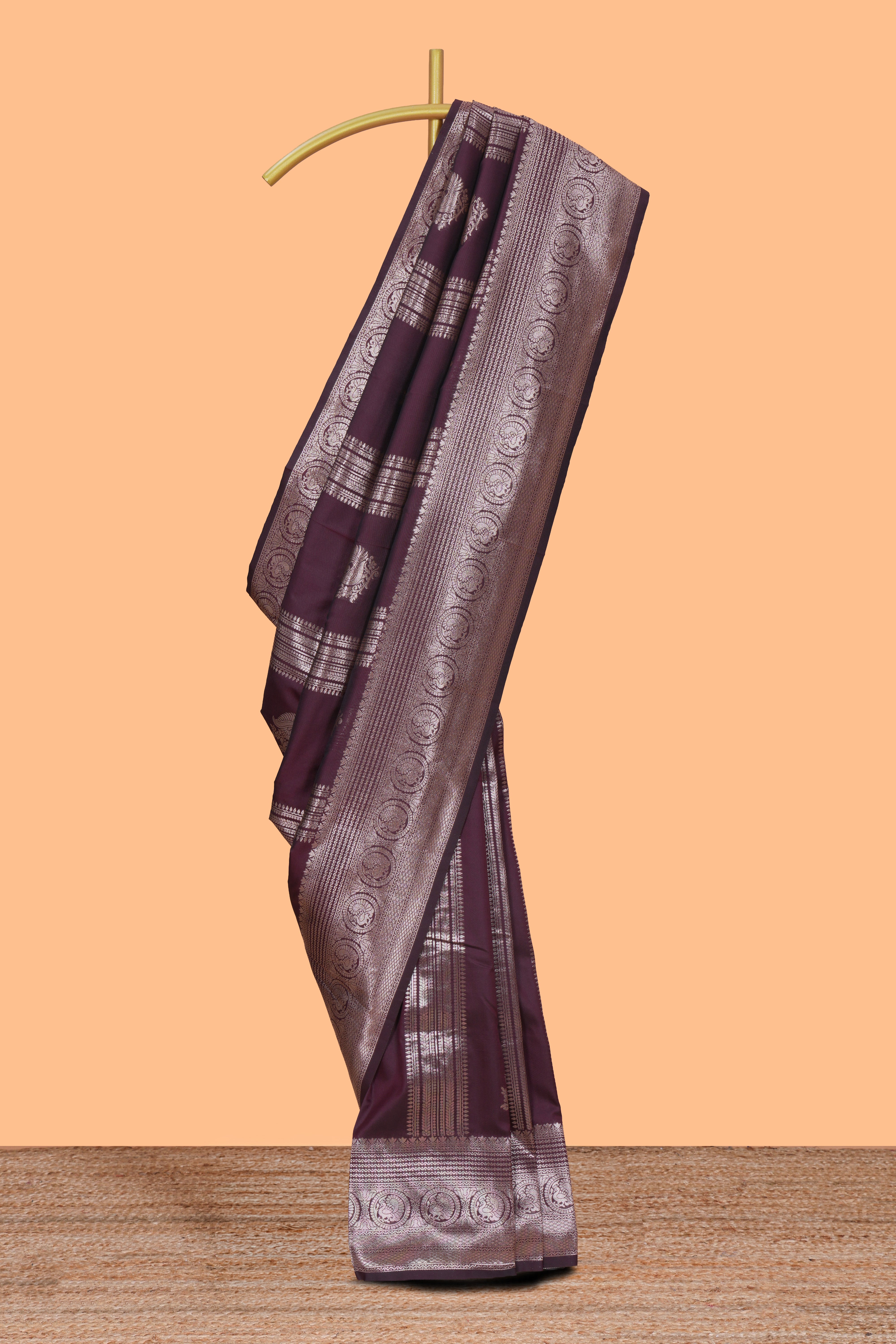 Deep brown stripes zari motifs design kathan silk saree with self zari border and motifs blouse