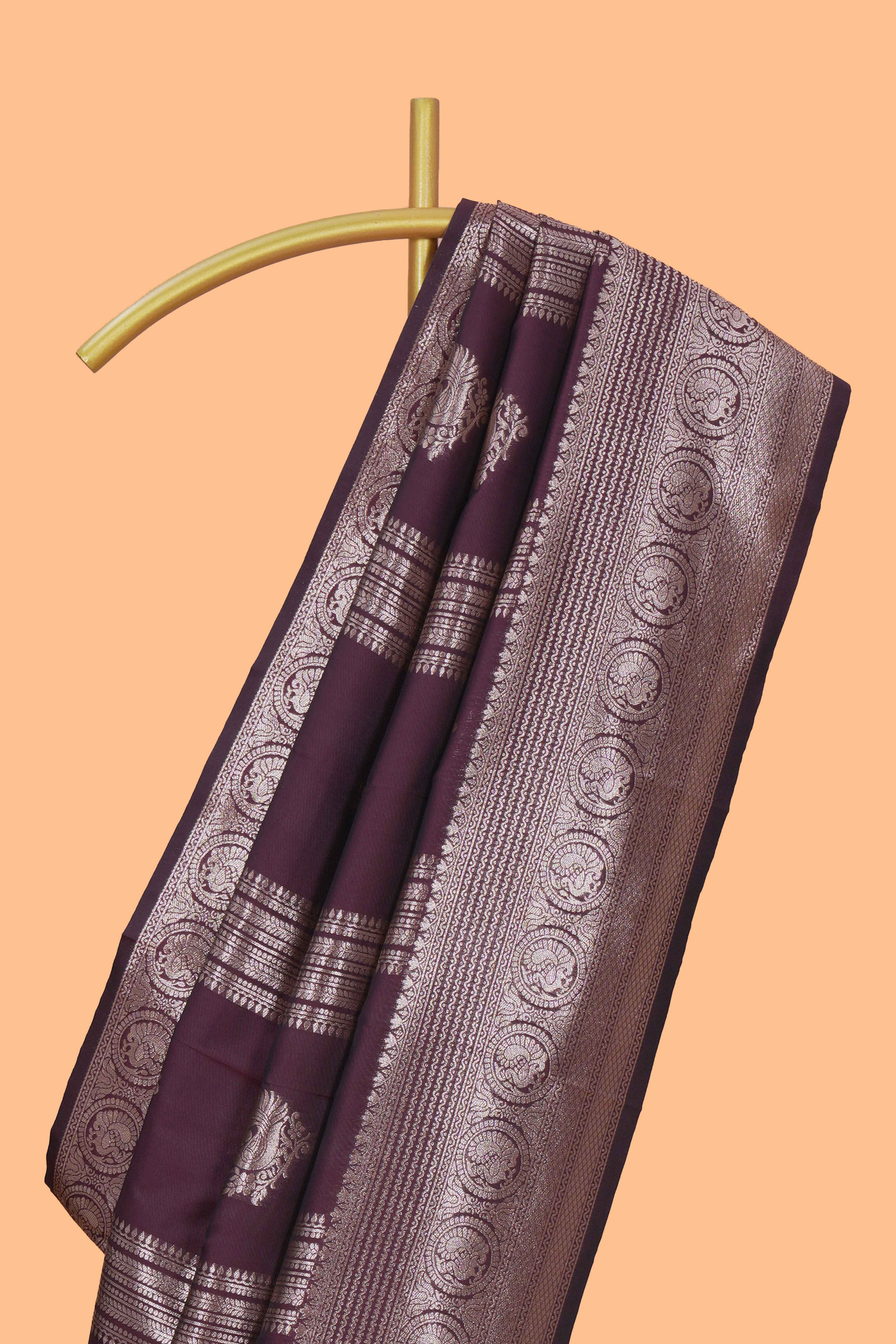 Deep brown stripes zari motifs design kathan silk saree with self zari border and motifs blouse