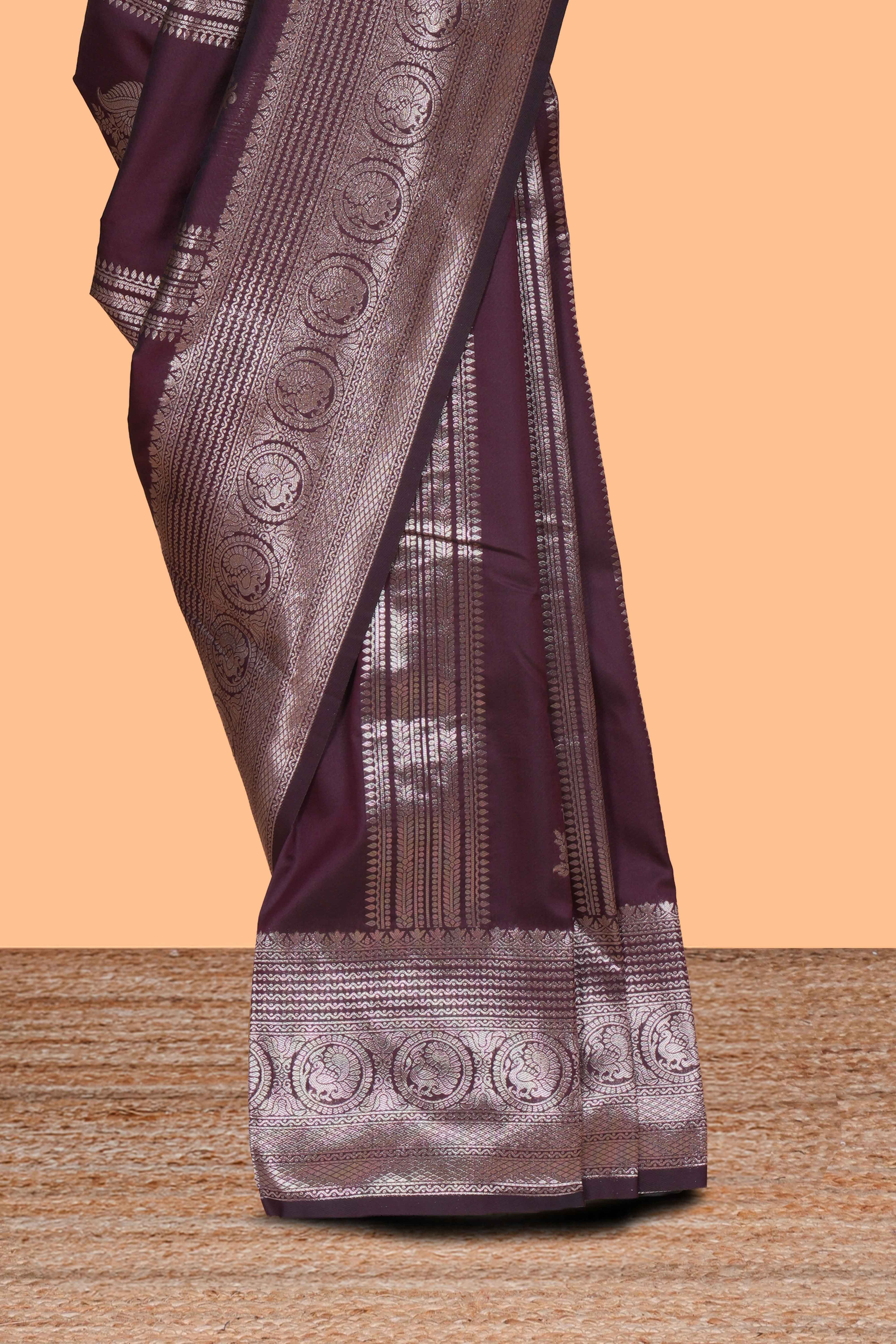 Deep brown stripes zari motifs design kathan silk saree with self zari border and motifs blouse