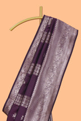 Purple stripes zari motifs design kathan silk saree with self zari border and motifs blouse