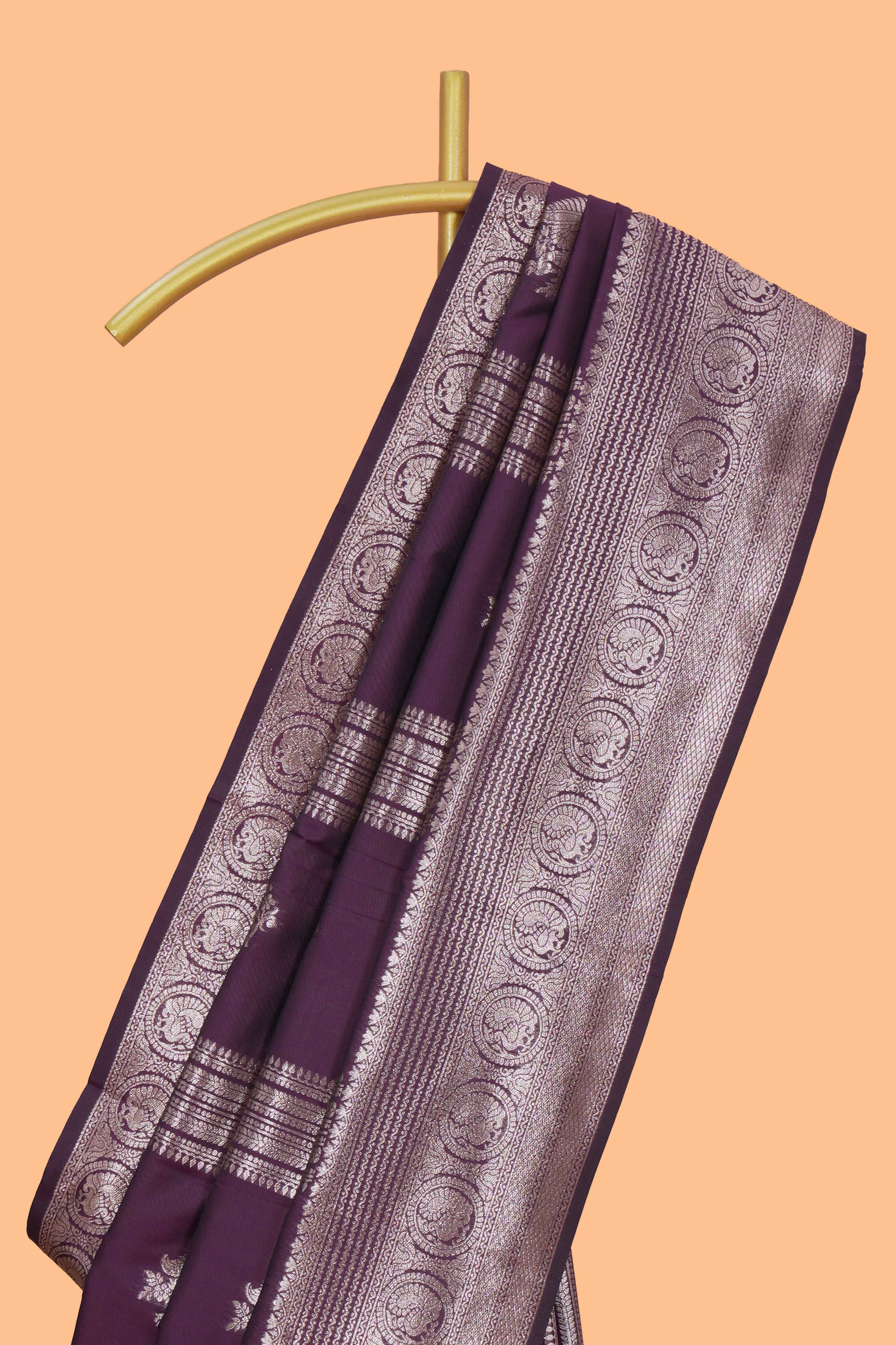 Purple stripes zari motifs design kathan silk saree with self zari border and motifs blouse