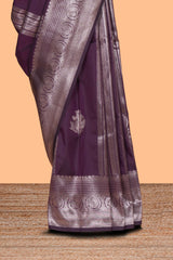 Purple stripes zari motifs design kathan silk saree with self zari border and motifs blouse