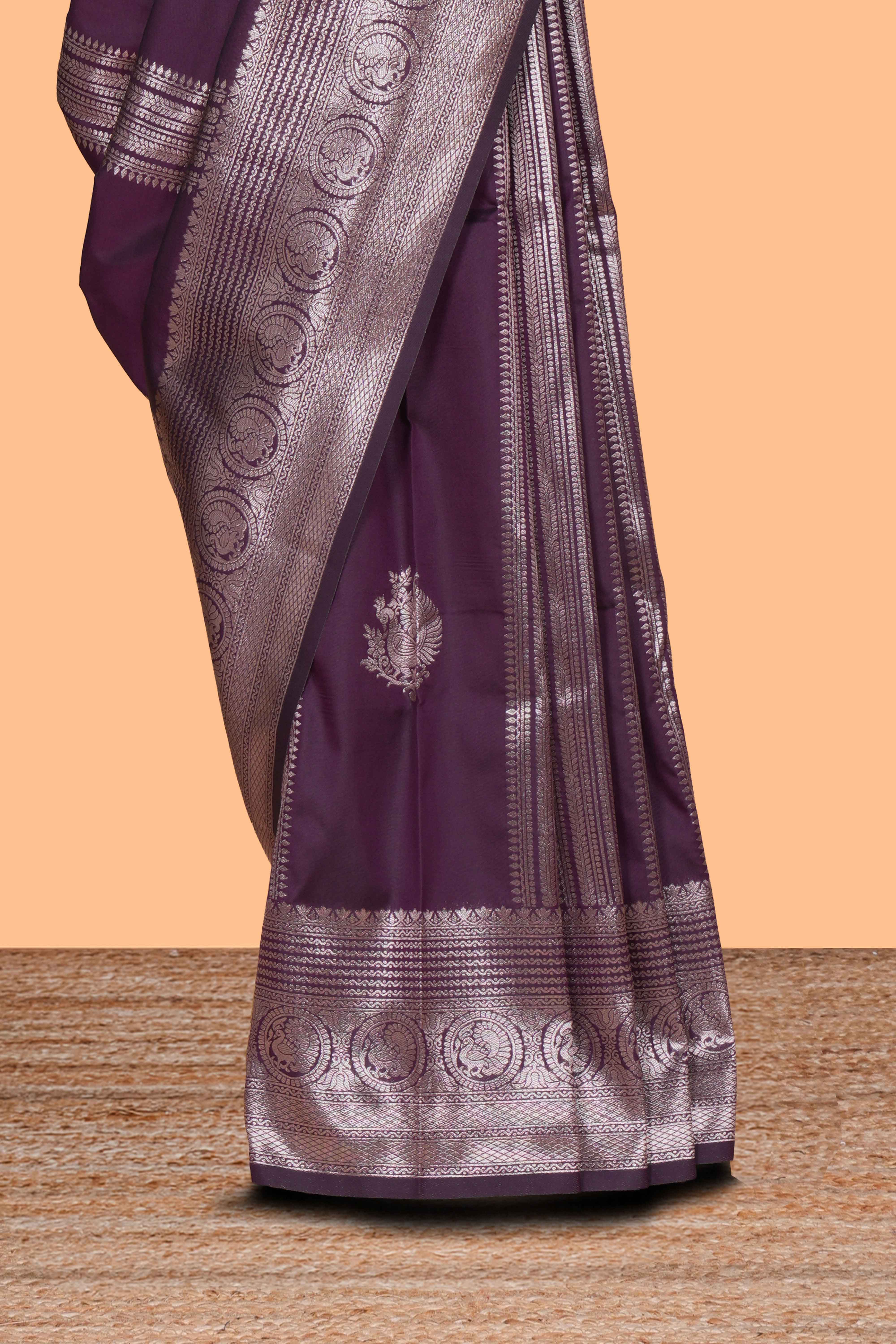 Purple stripes zari motifs design kathan silk saree with self zari border and motifs blouse
