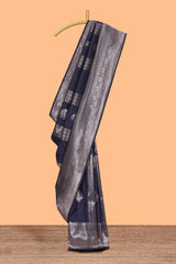 Blue stripes zari motifs design kathan silk saree with self zari border and motifs blouse