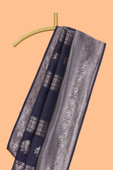 Blue stripes zari motifs design kathan silk saree with self zari border and motifs blouse