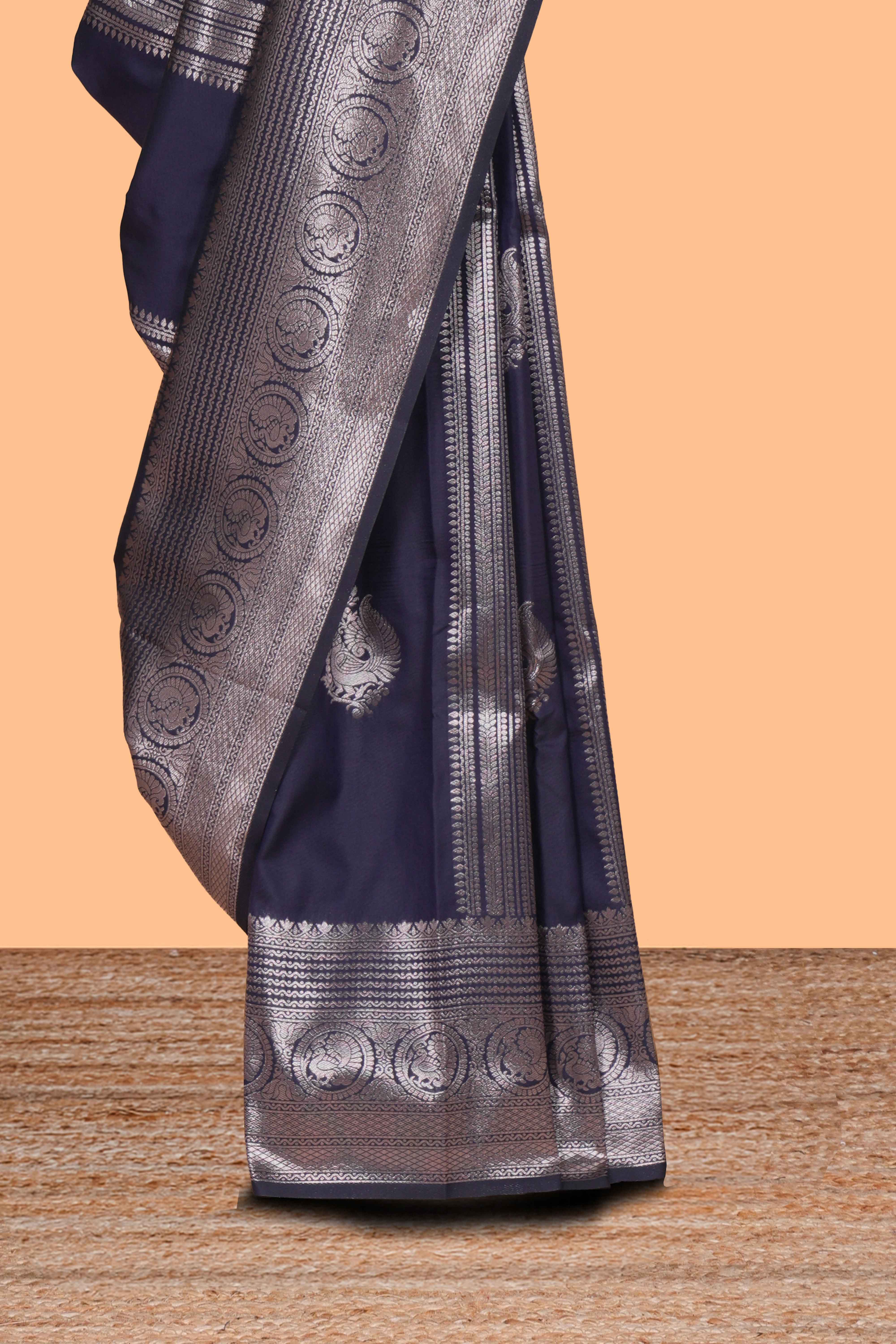 Blue stripes zari motifs design kathan silk saree with self zari border and motifs blouse