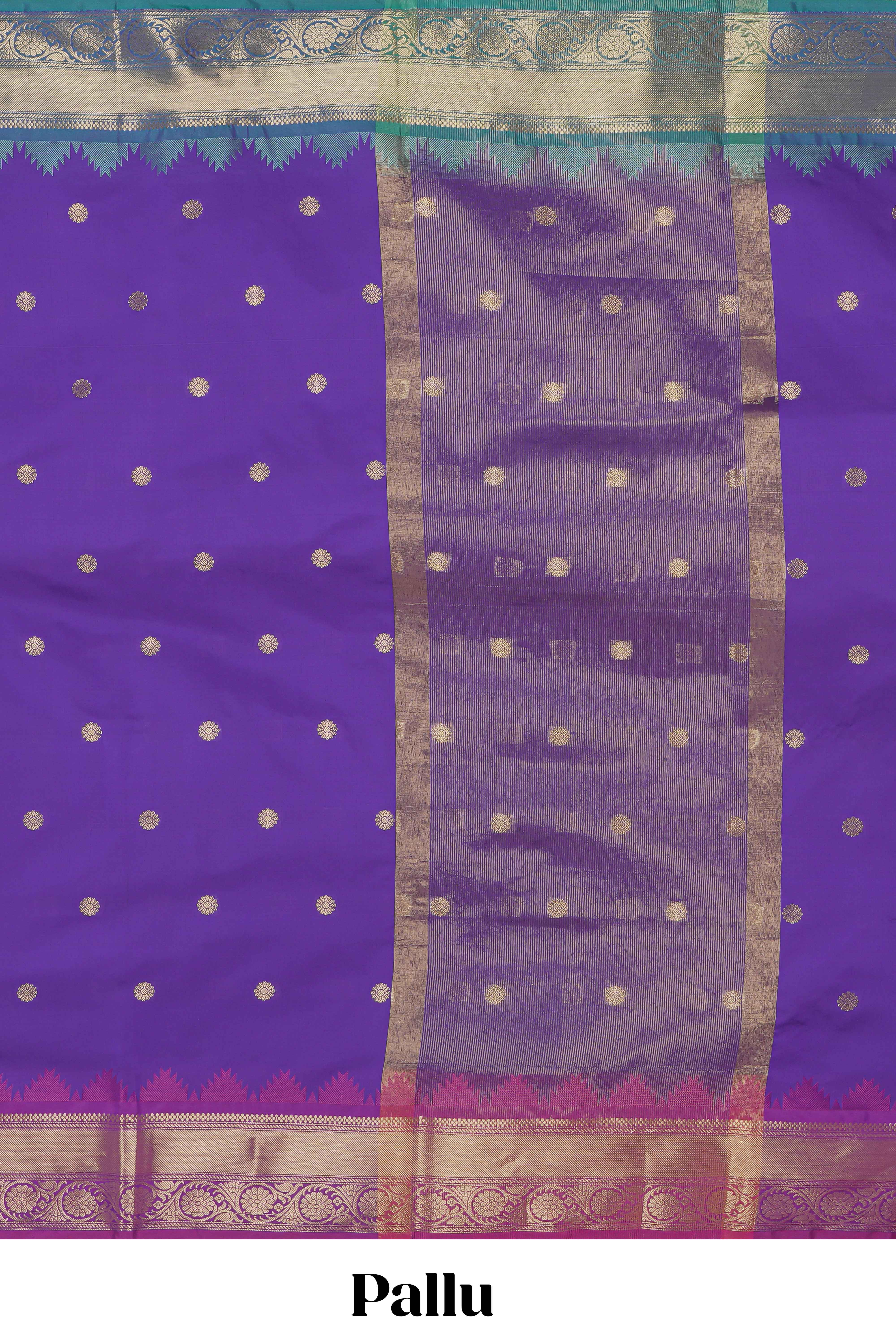 Violet zari motifs Kathan Silk Saree with contrast zari border and matching zari buttta blouse