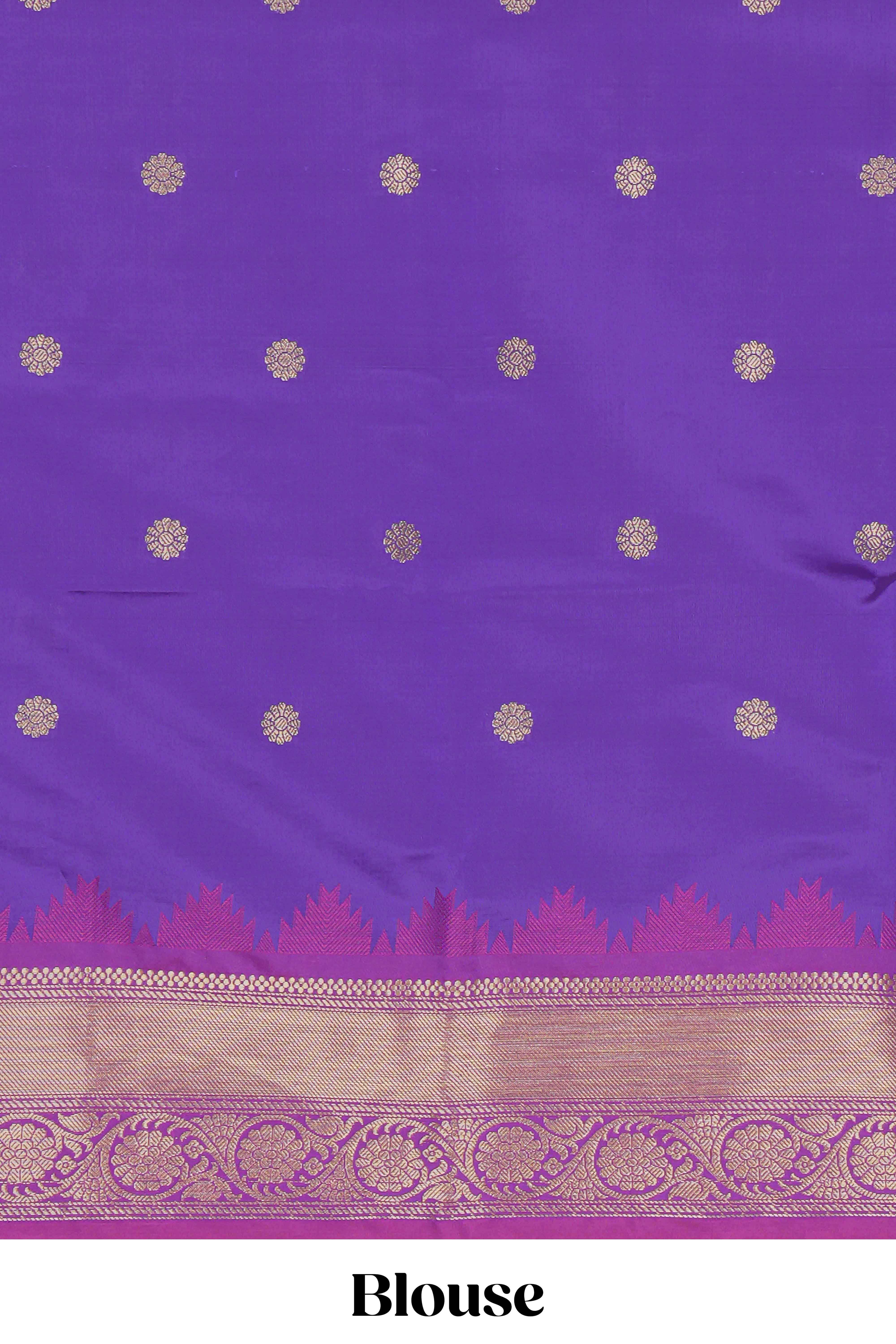 Violet zari motifs Kathan Silk Saree with contrast zari border and matching zari buttta blouse