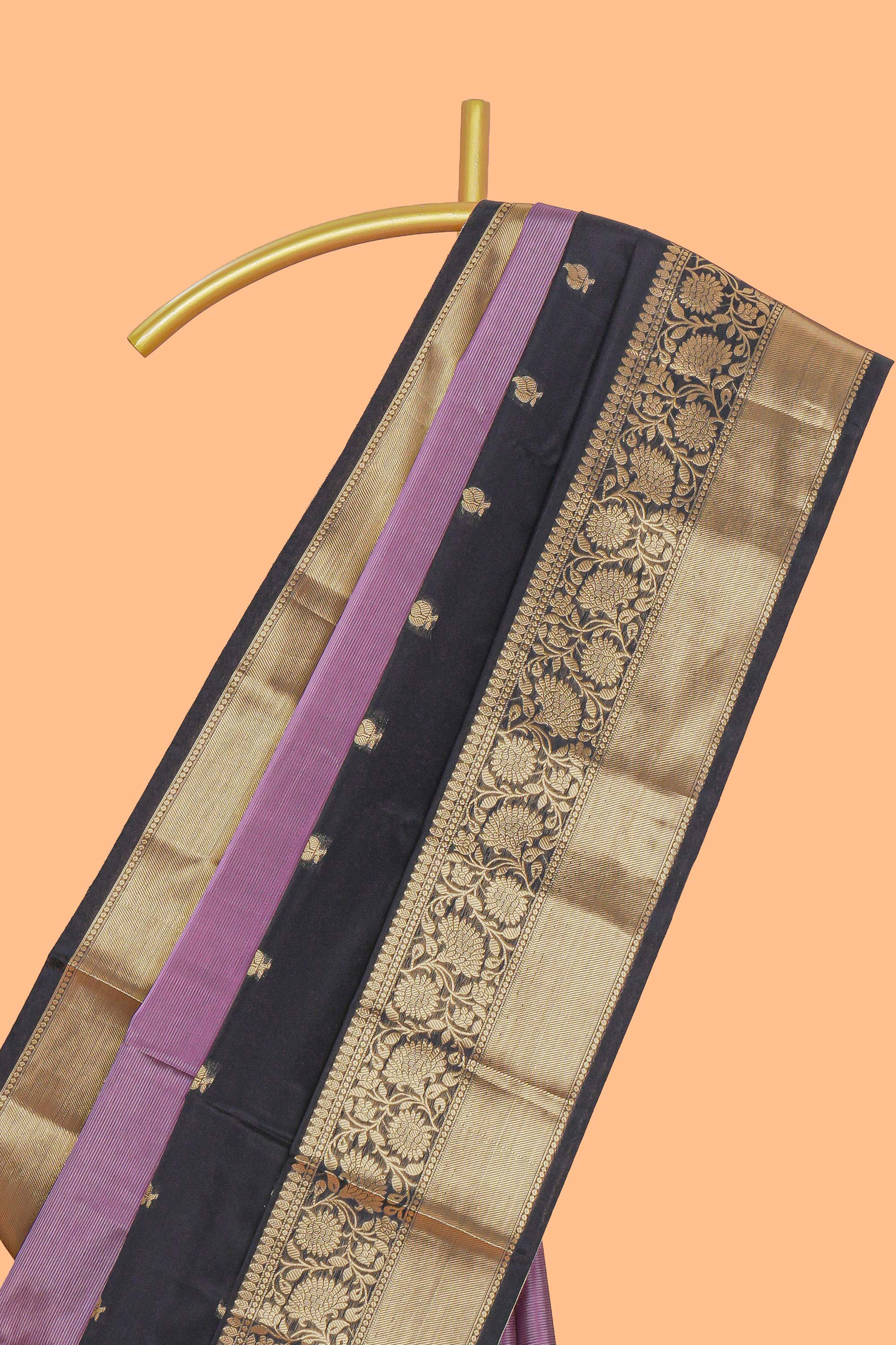 Mauve & black dual shades zari motifs Kathan Silk Saree with contrast zari border and matching zari striped blouse