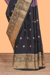 Mauve & black dual shades zari motifs Kathan Silk Saree with contrast zari border and matching zari striped blouse