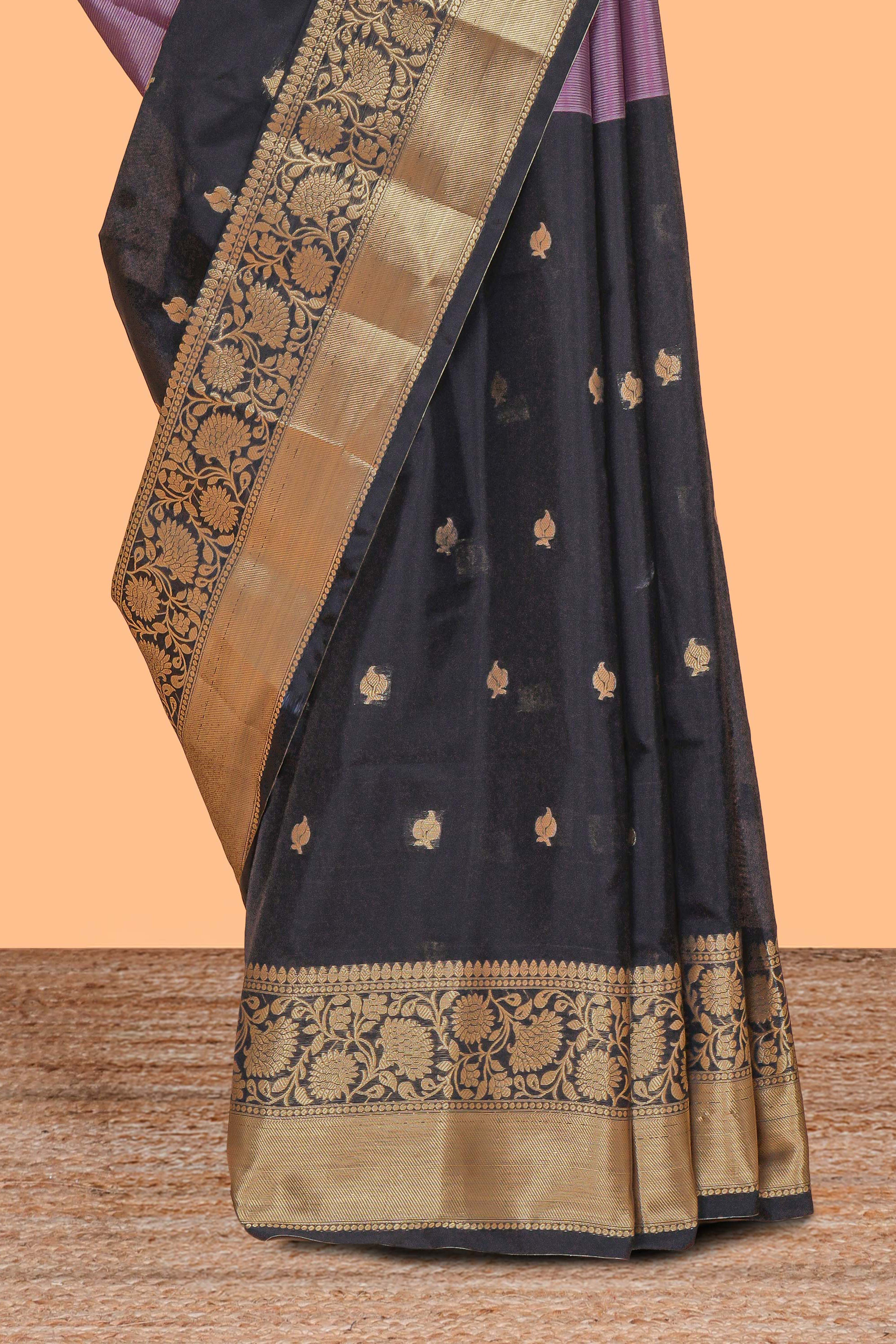 Mauve & black dual shades zari motifs Kathan Silk Saree with contrast zari border and matching zari striped blouse
