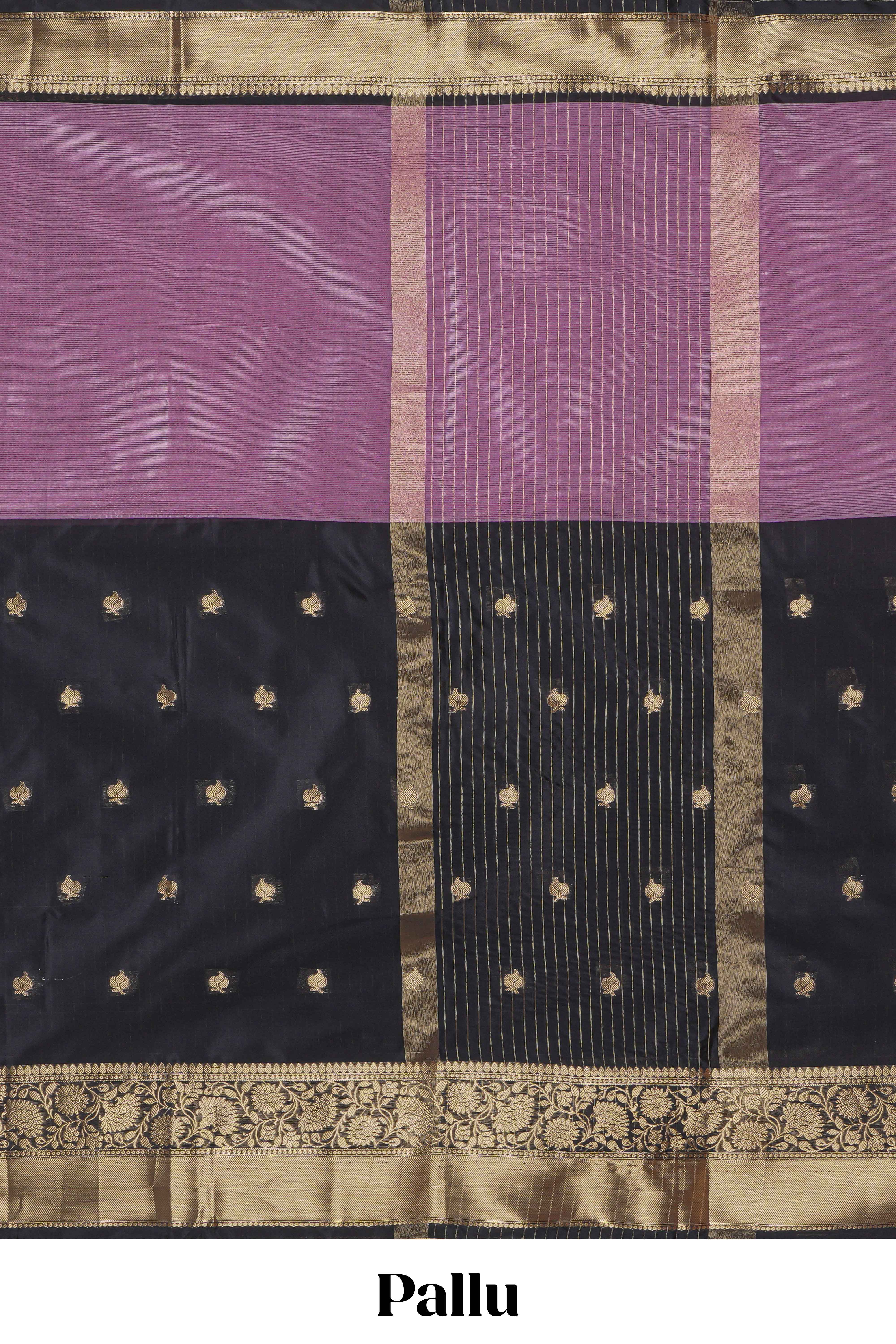 Mauve & black dual shades zari motifs Kathan Silk Saree with contrast zari border and matching zari striped blouse
