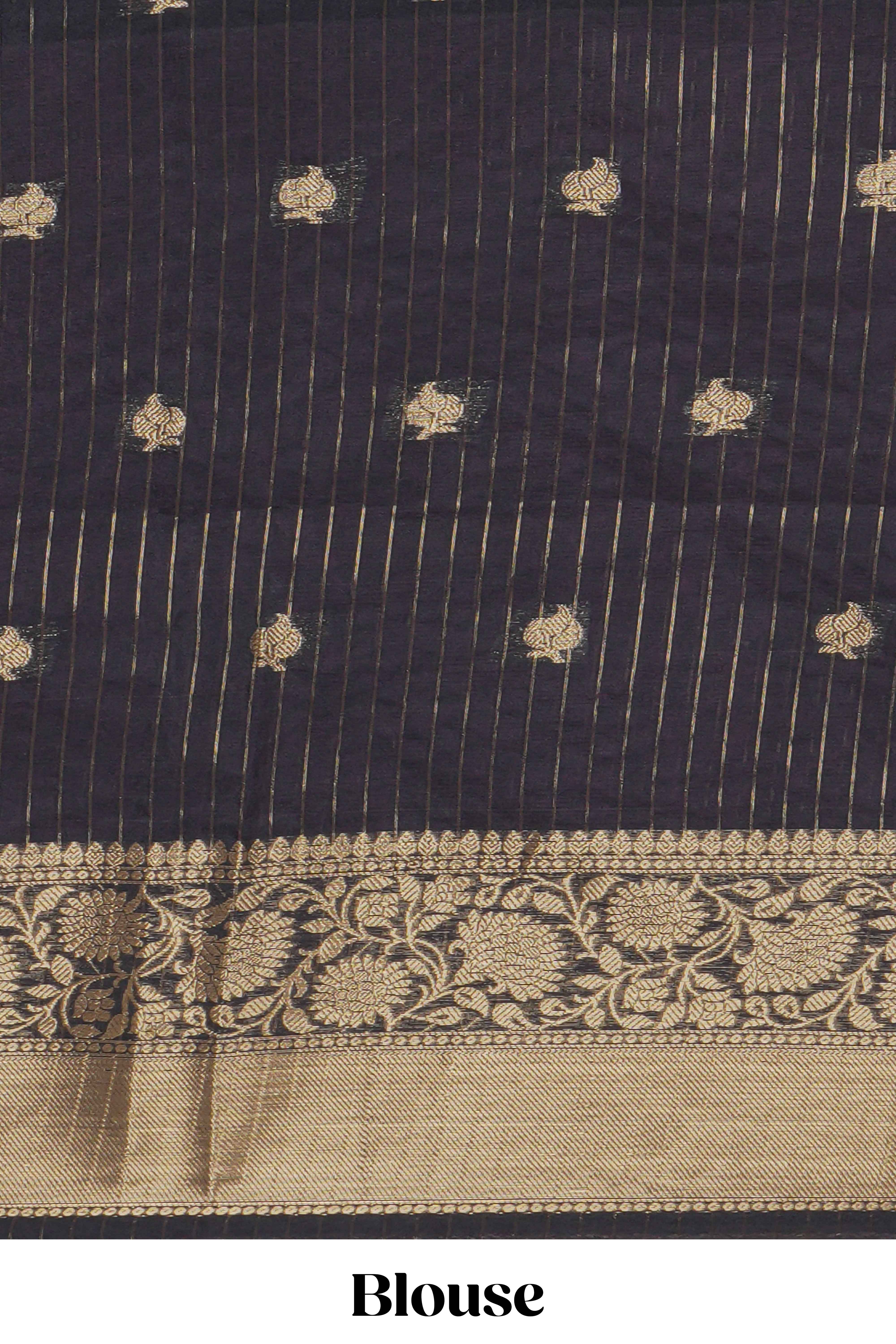 Mauve & black dual shades zari motifs Kathan Silk Saree with contrast zari border and matching zari striped blouse