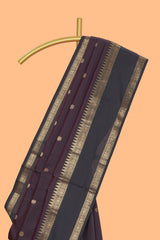 Brown zari motifs Kathan Silk Saree with contrast zari border and matching zari blouse