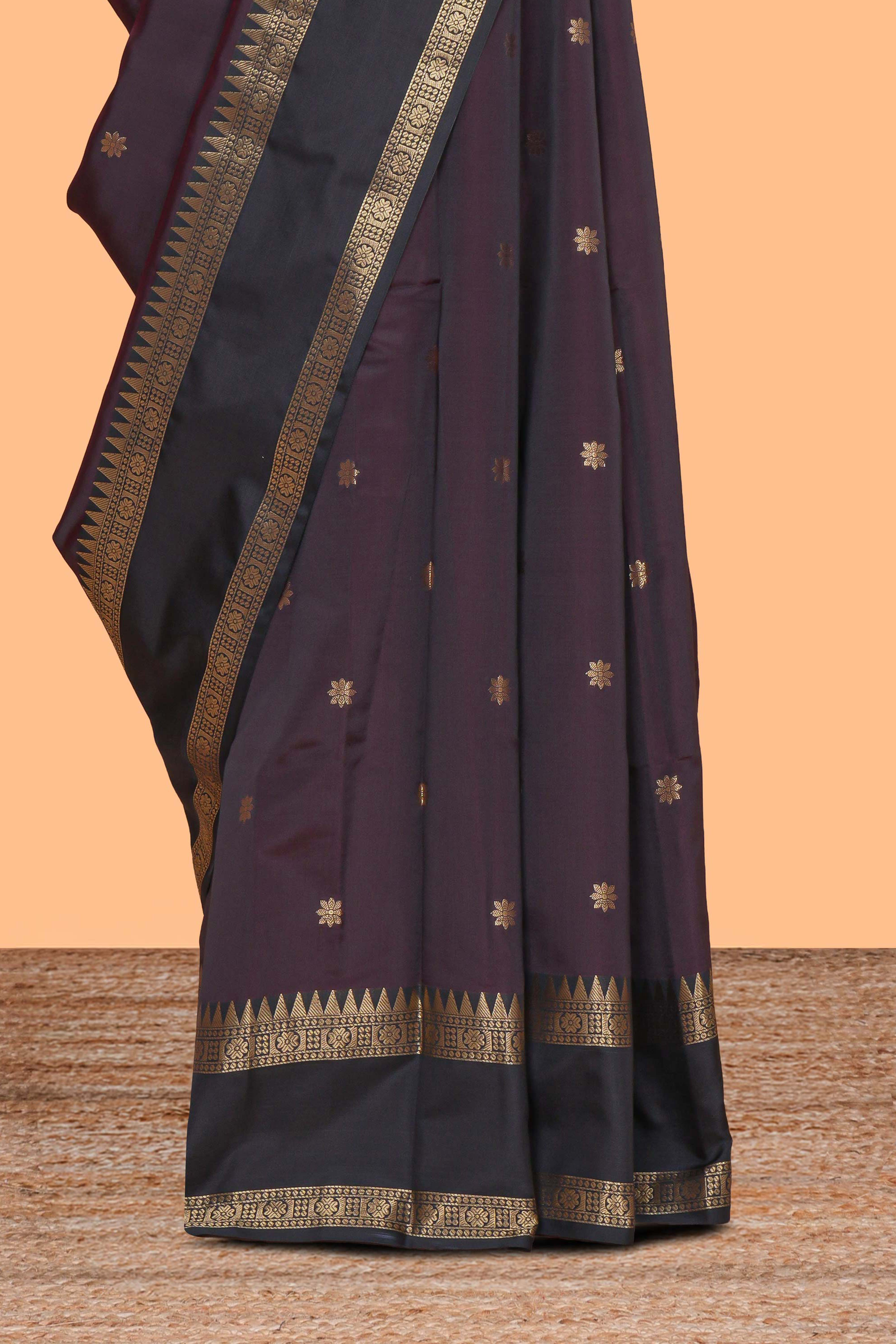 Brown zari motifs Kathan Silk Saree with contrast zari border and matching zari blouse