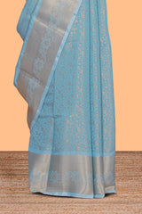 Blue zari motifs Kathan Silk Saree with self zari border and matching zari blouse