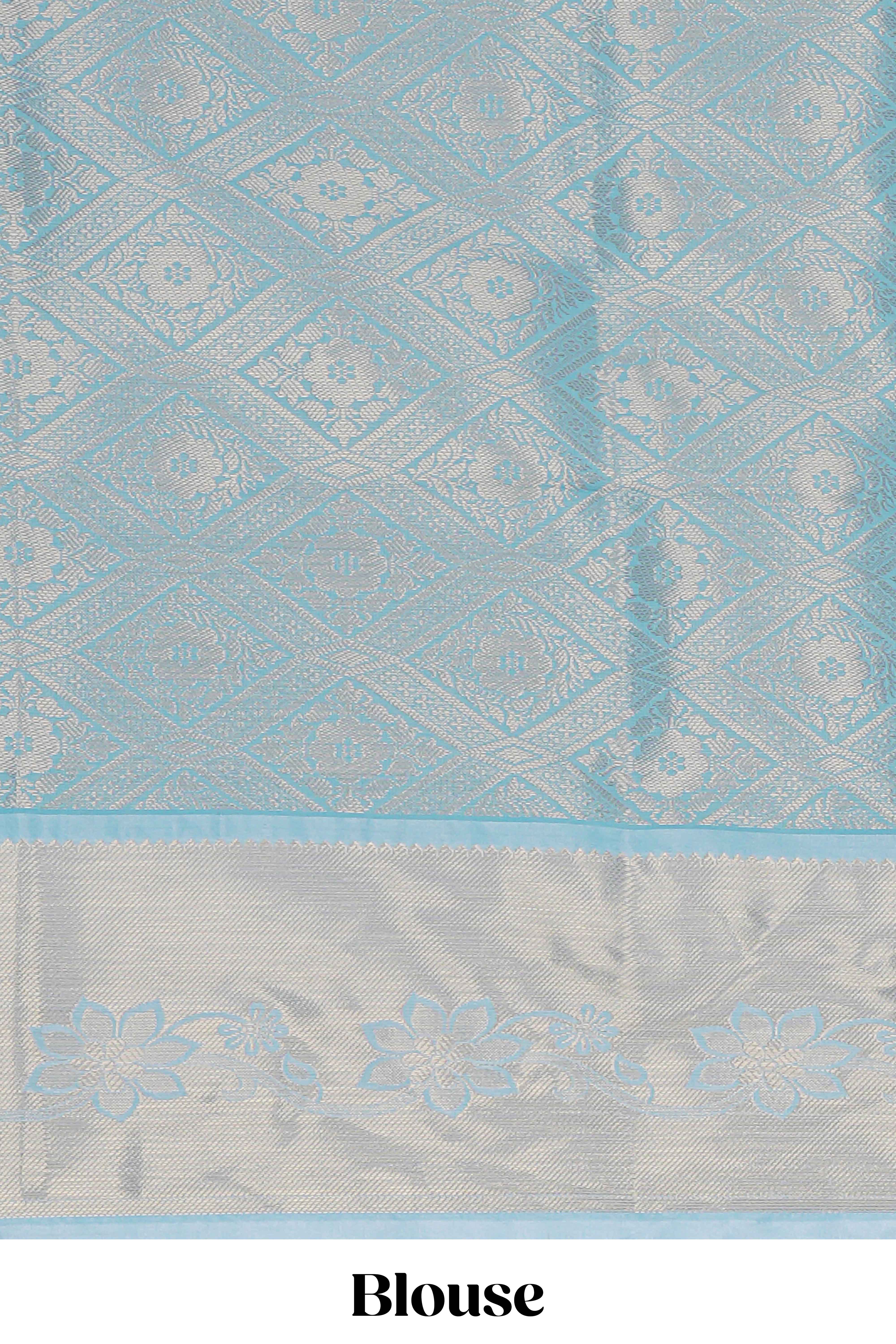 Blue zari motifs Kathan Silk Saree with self zari border and matching zari blouse