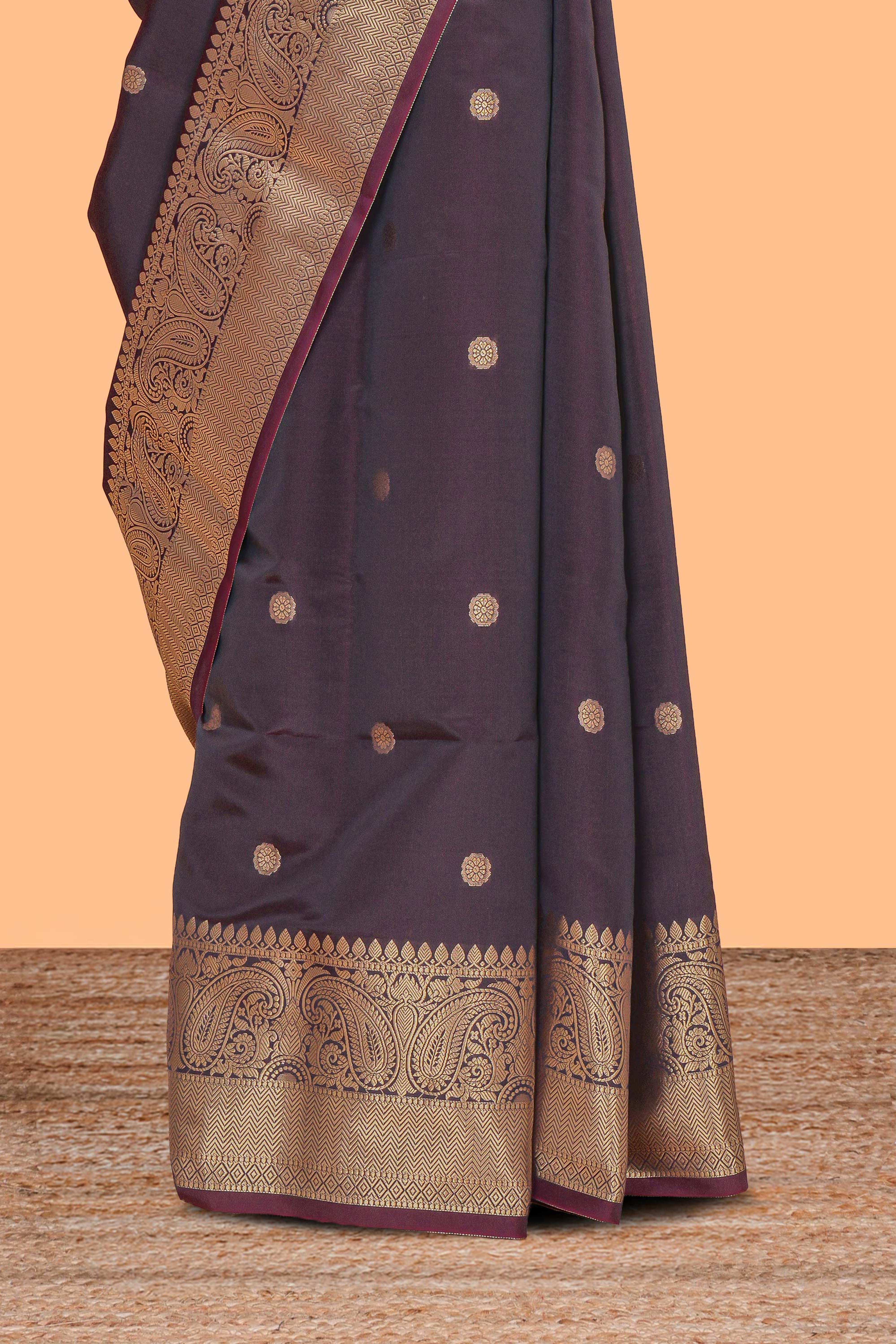 Brown zari motifs Kathan Silk Saree with self zari border and matching zari striped blouse