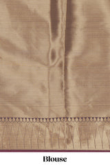Brown zari motifs Kathan Silk Saree with self zari border and matching zari striped blouse