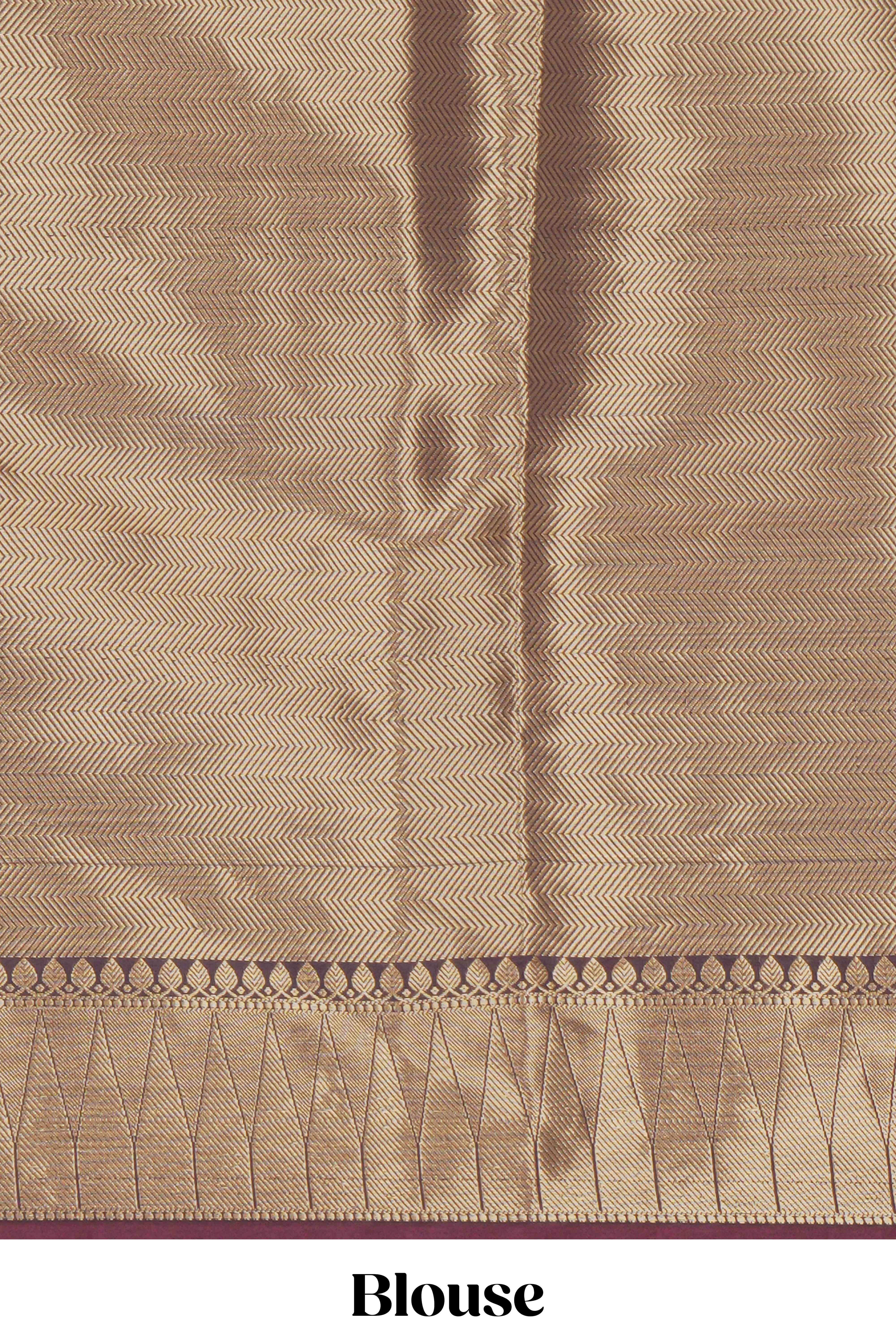 Brown zari motifs Kathan Silk Saree with self zari border and matching zari striped blouse