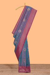 Dual tone teal blue and magenta kathan silk saree with contrast zari borders and motifs blouse